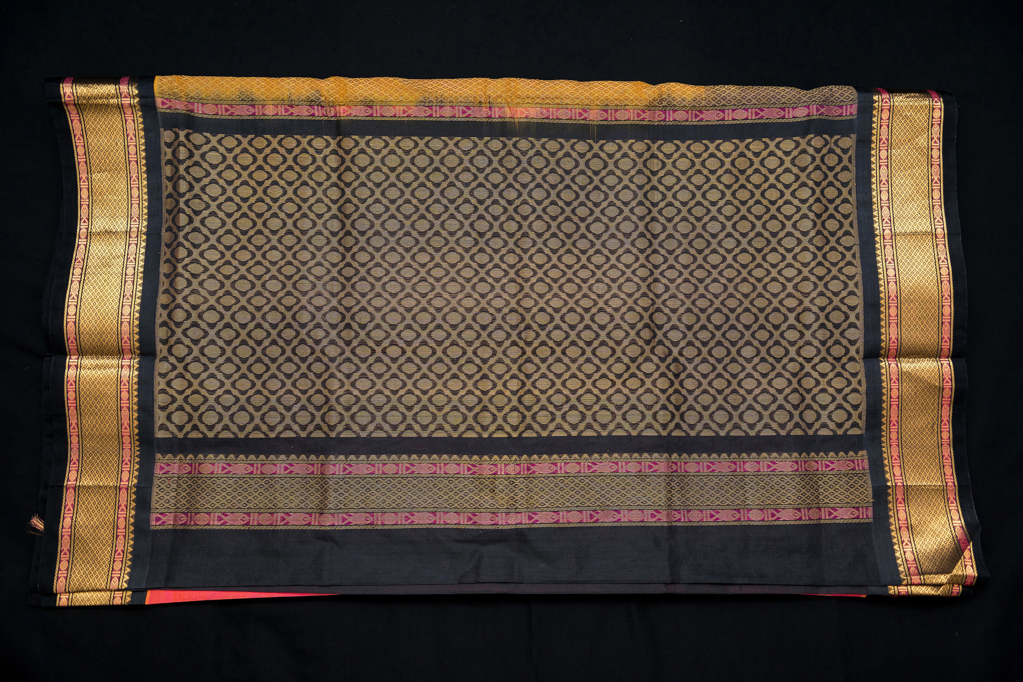 Sunset Coral and Black Silk Cotton Saree