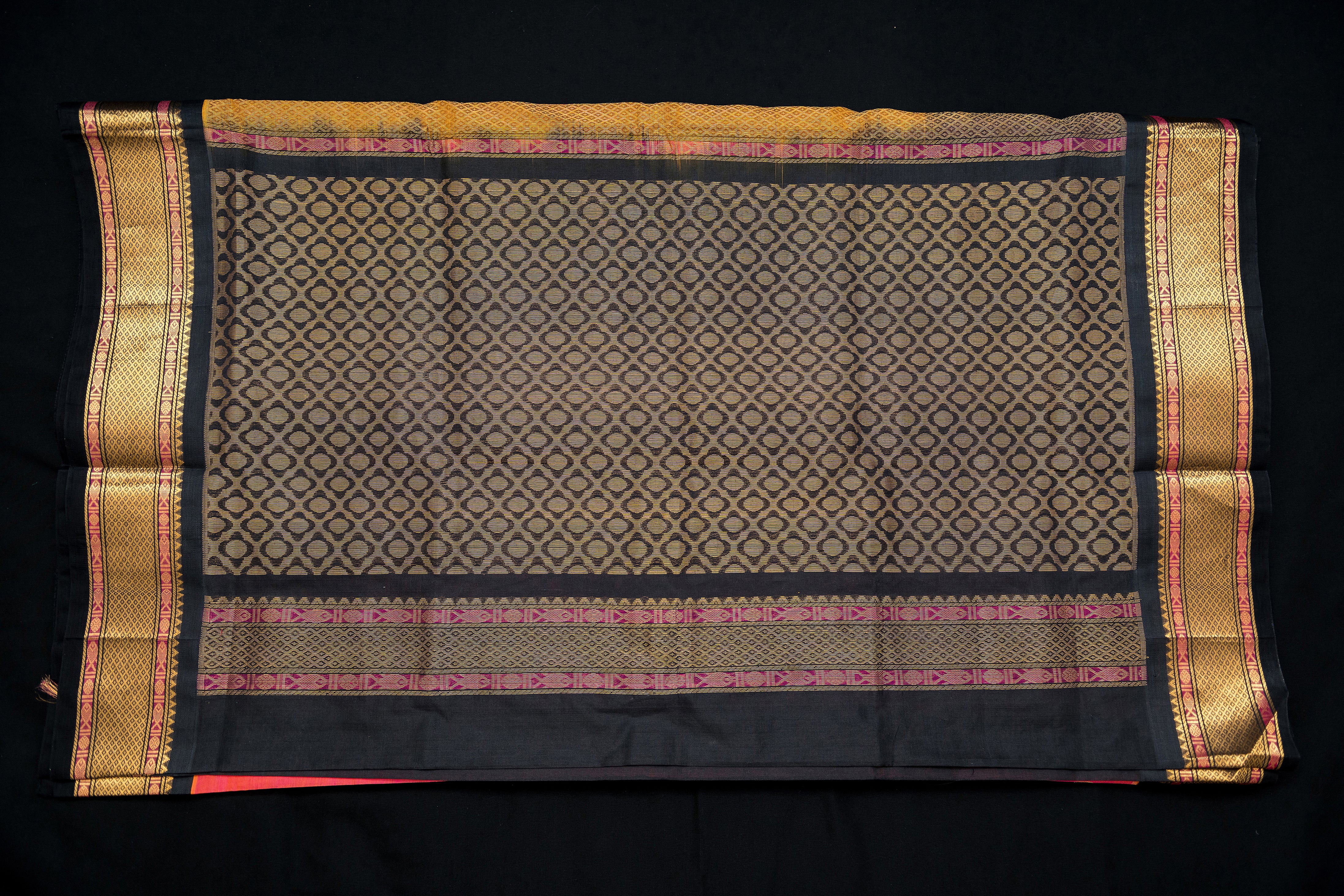 Sunset Coral and Black Silk Cotton Saree