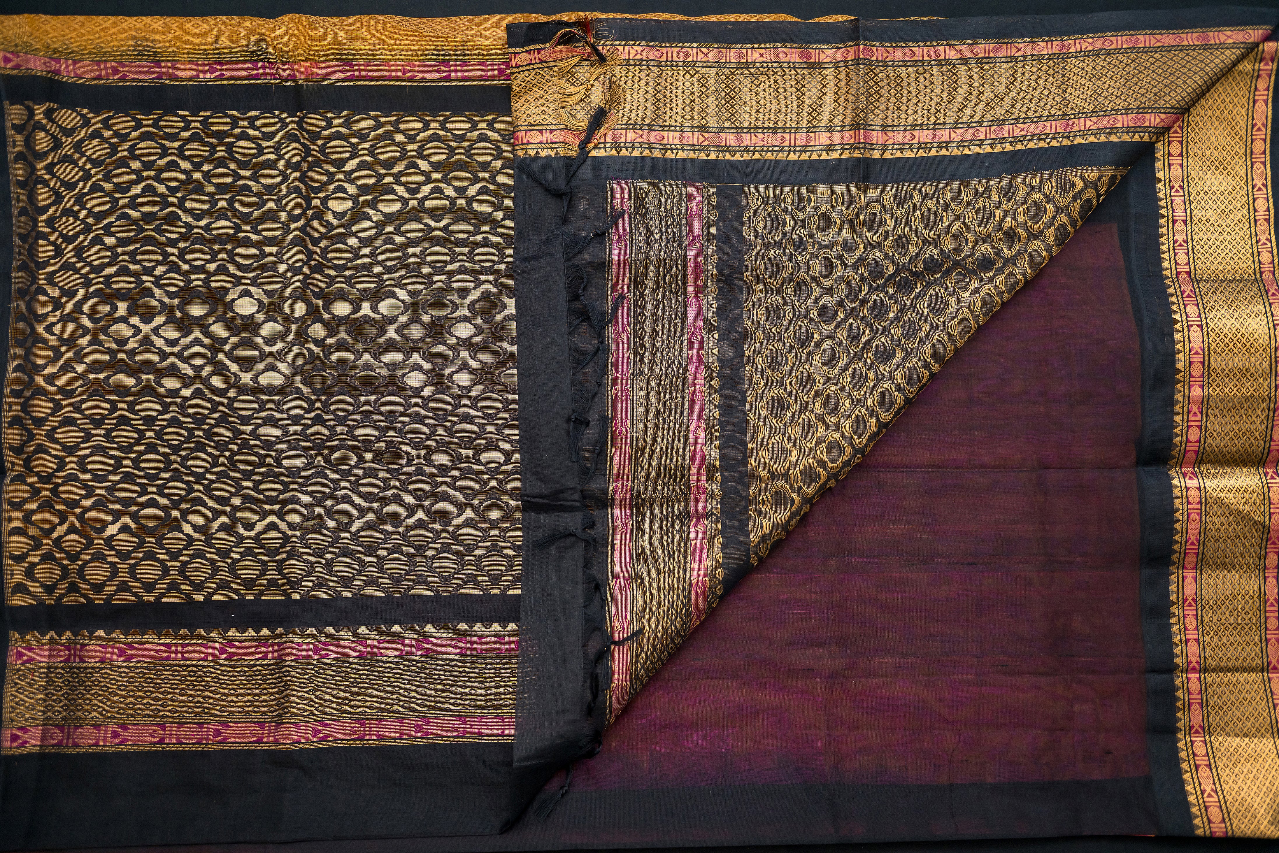 Sunset Coral and Black Silk Cotton Saree