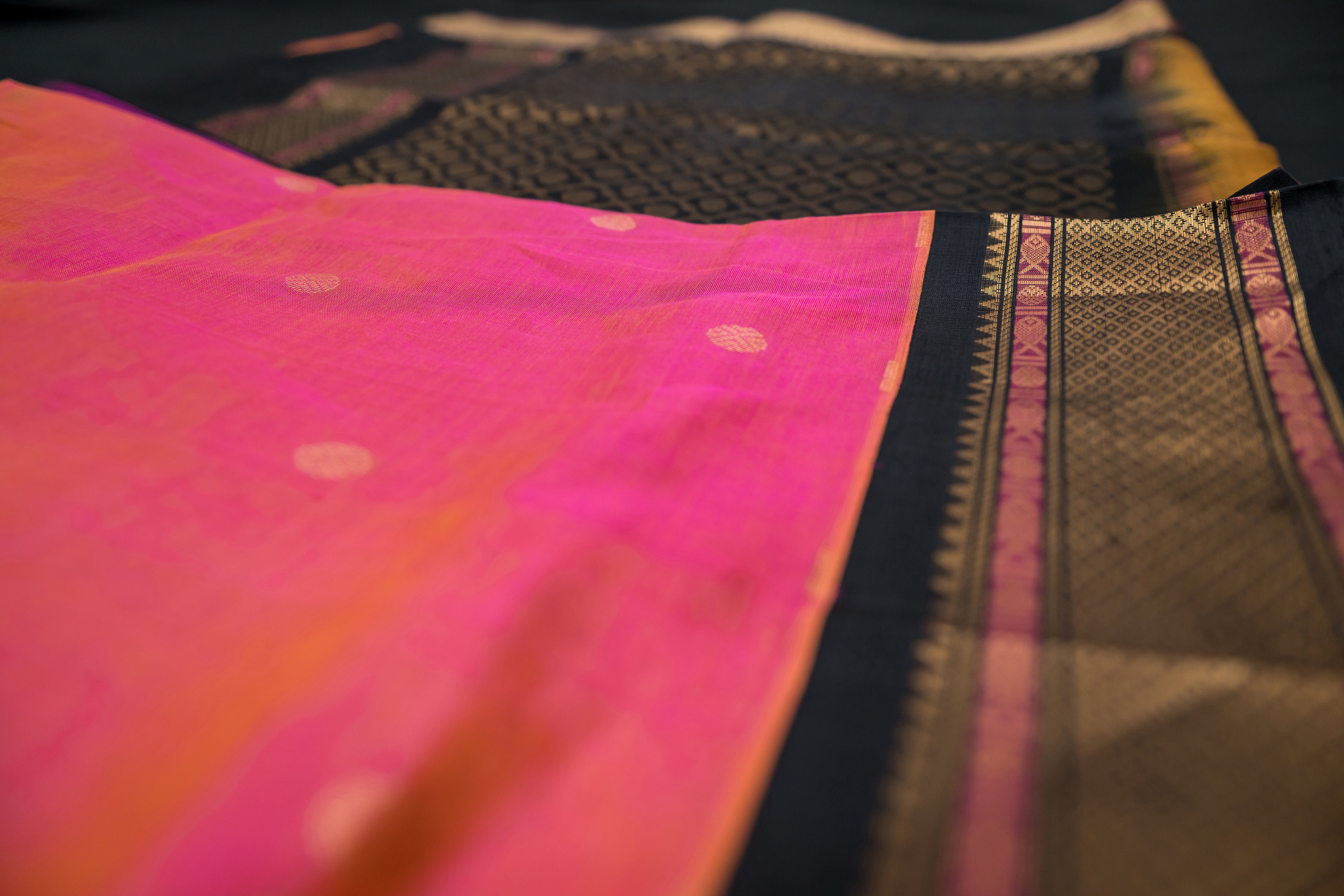 Sunset Coral and Black Silk Cotton Saree