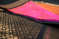Sunset Coral and Black Silk Cotton Saree