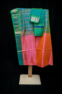 Lotus Pink Silk Cotton Saree with Emerald Pallu