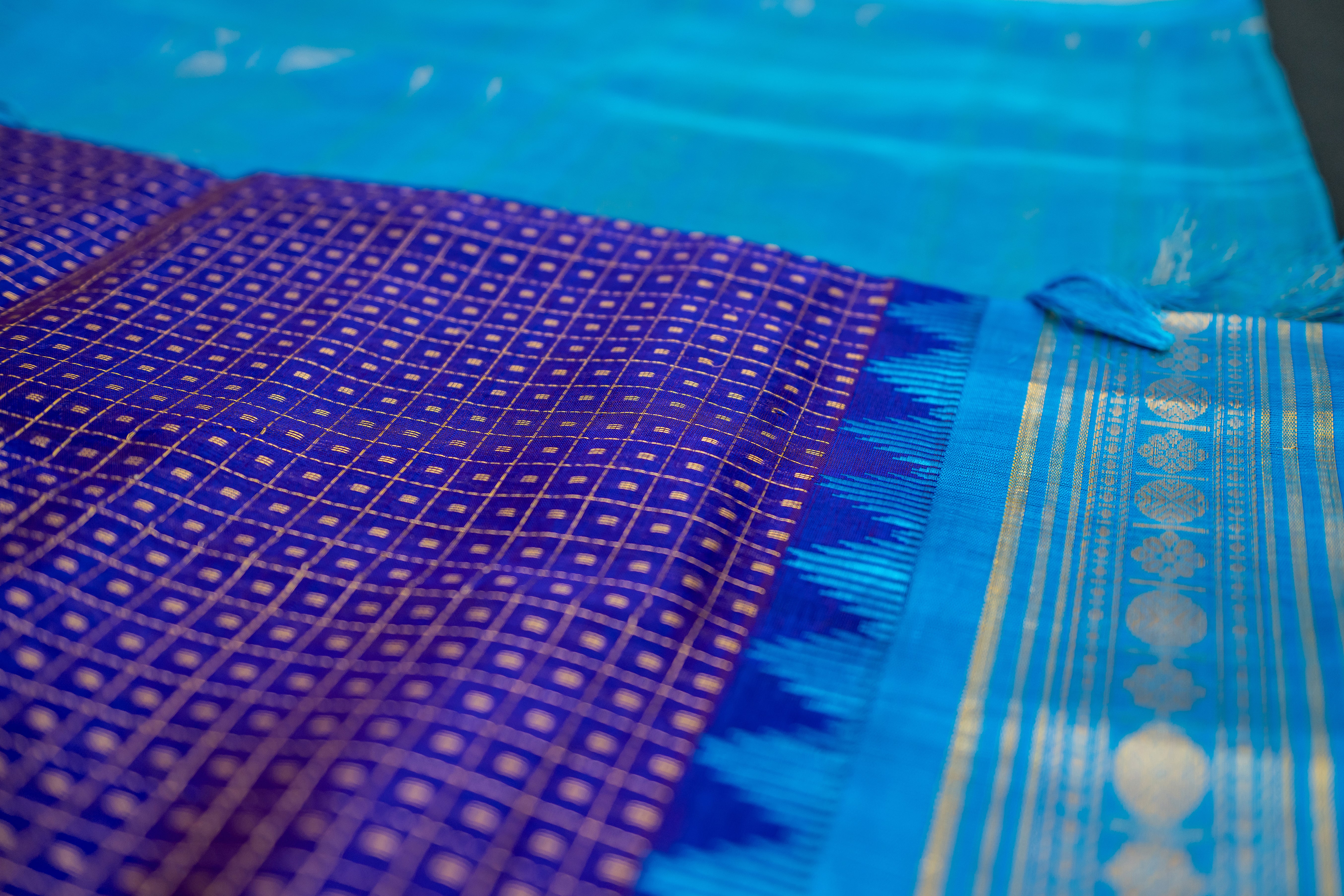 Royal Purple and Sky Blue Silk Cotton Saree