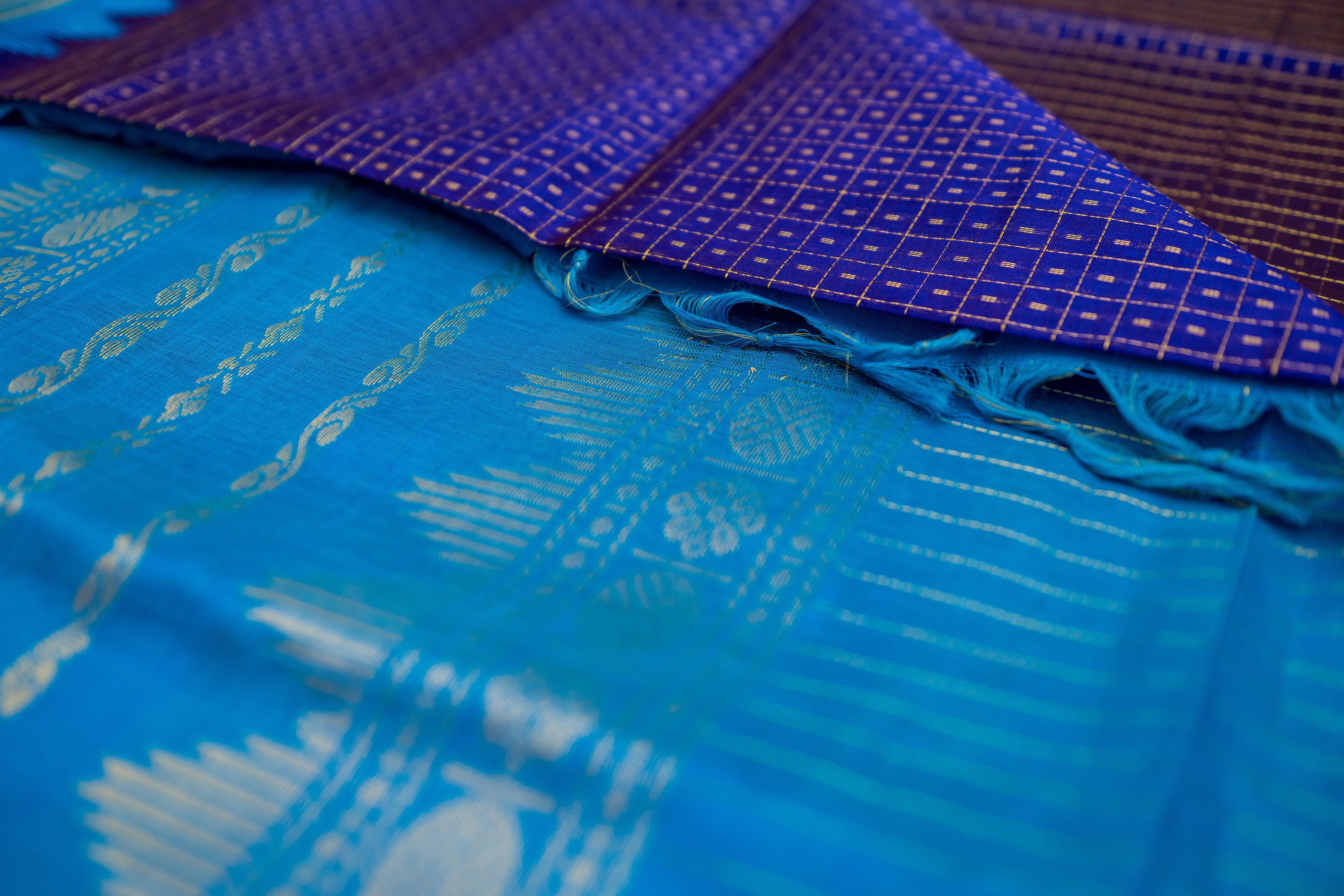 Royal Purple and Sky Blue Silk Cotton Saree