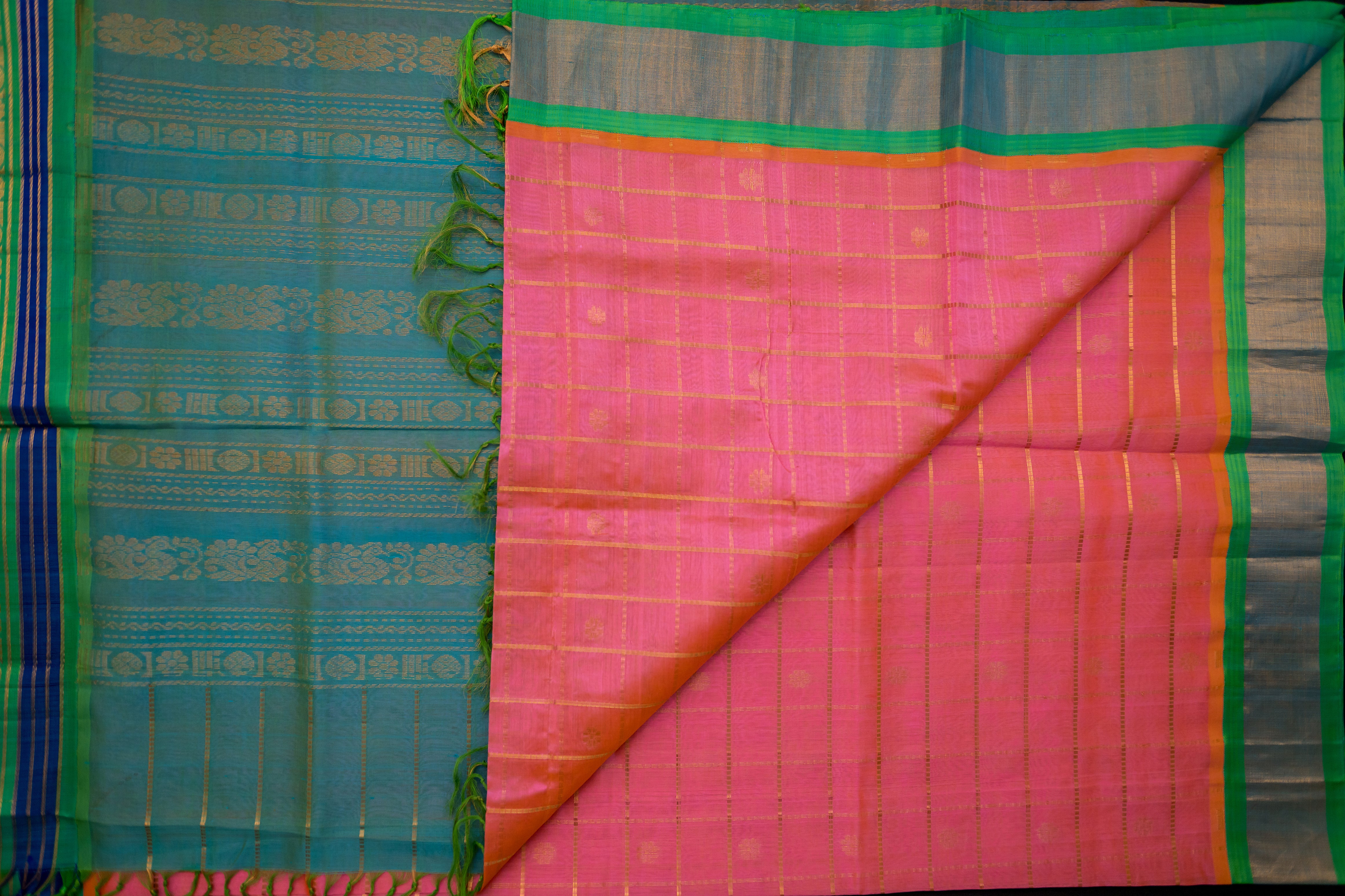 Lotus Pink Silk Cotton Saree with Emerald Pallu