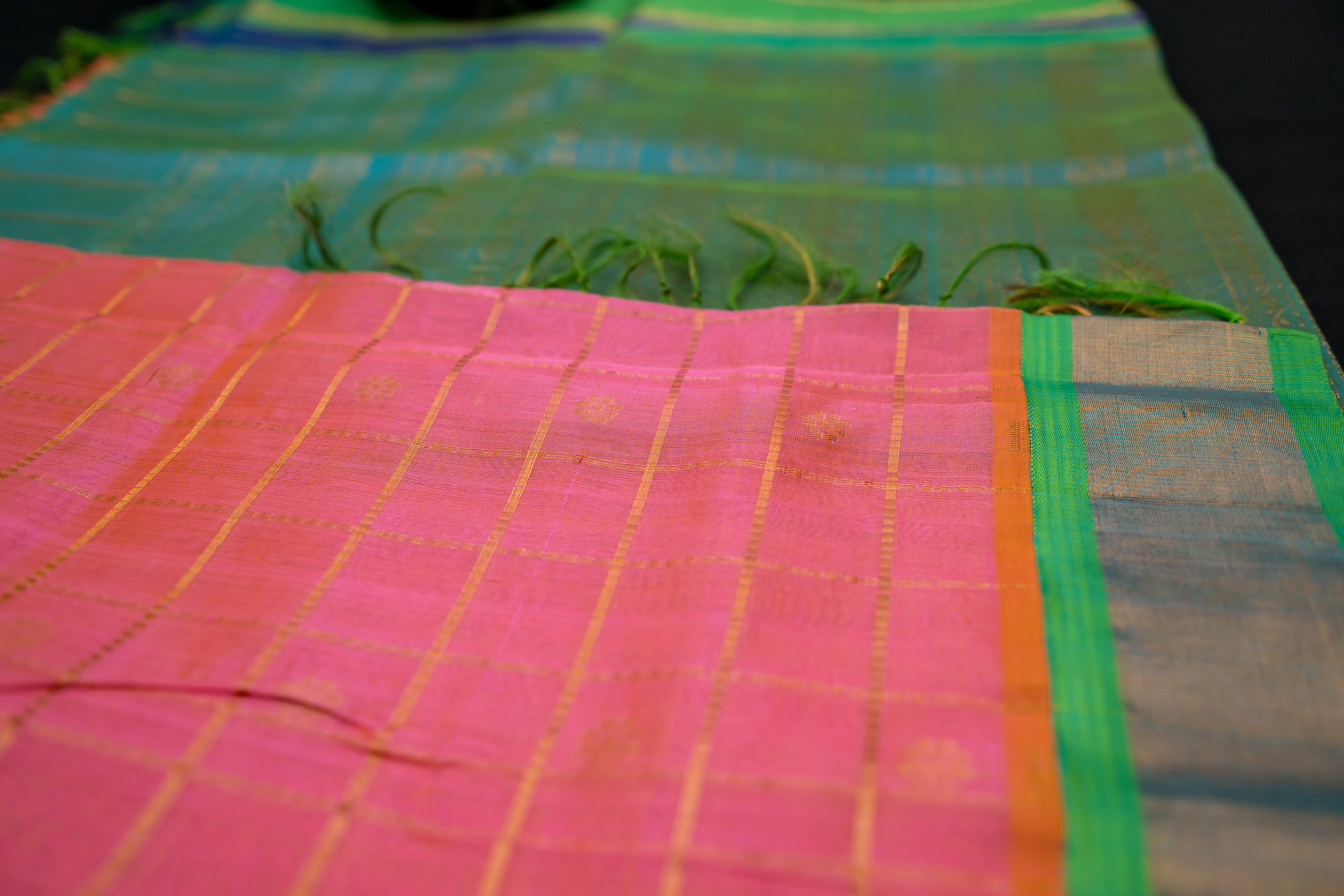 Lotus Pink Silk Cotton Saree with Emerald Pallu