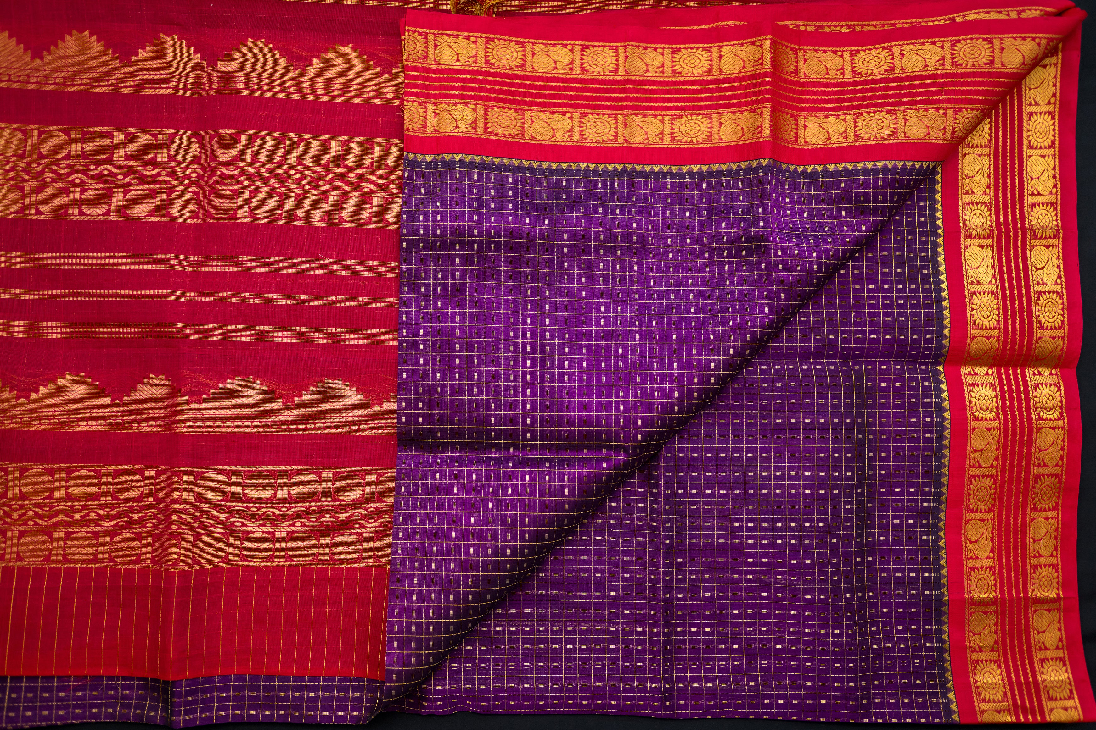 Deep Purple and Red Silk Cotton Saree