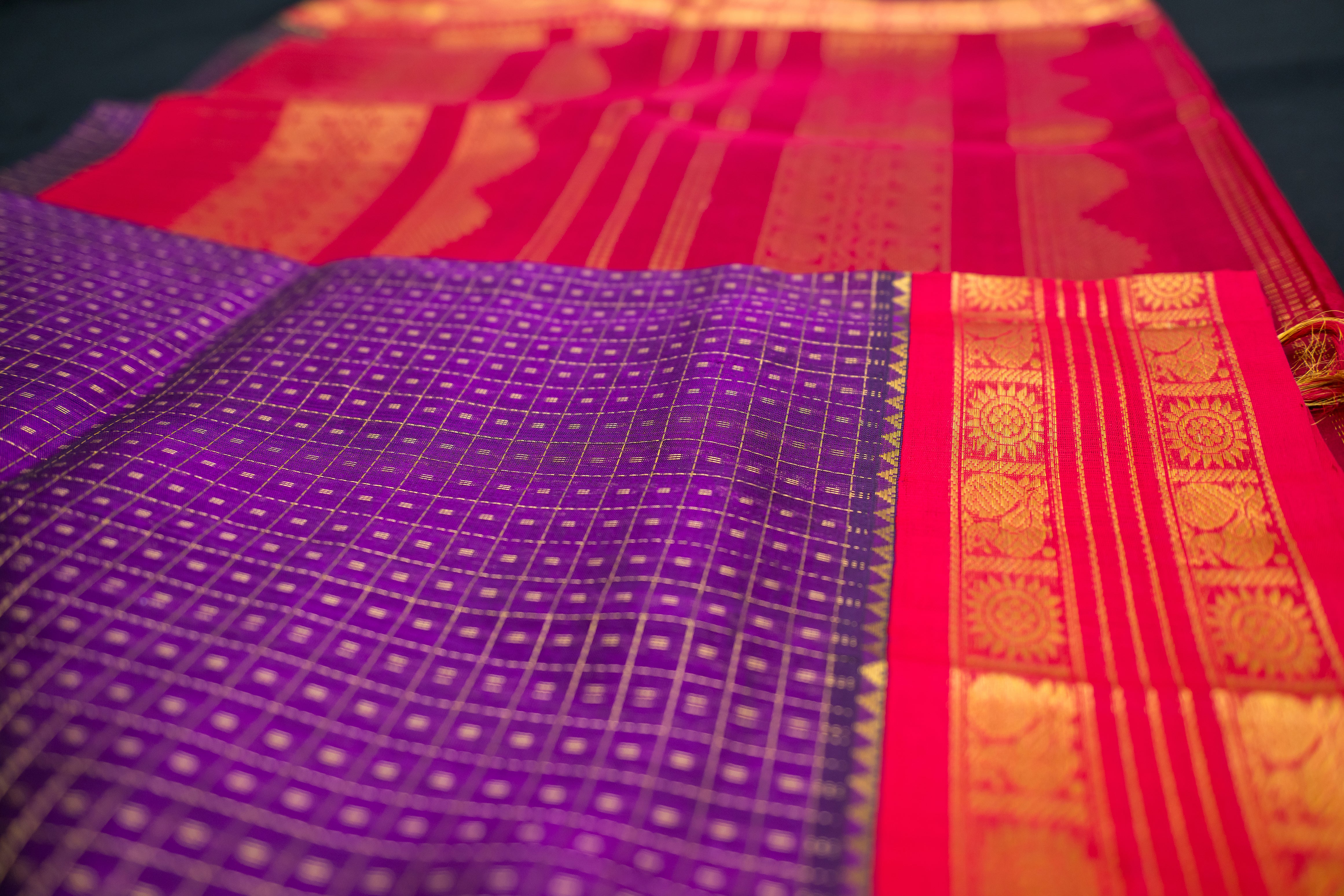 Deep Purple and Red Silk Cotton Saree