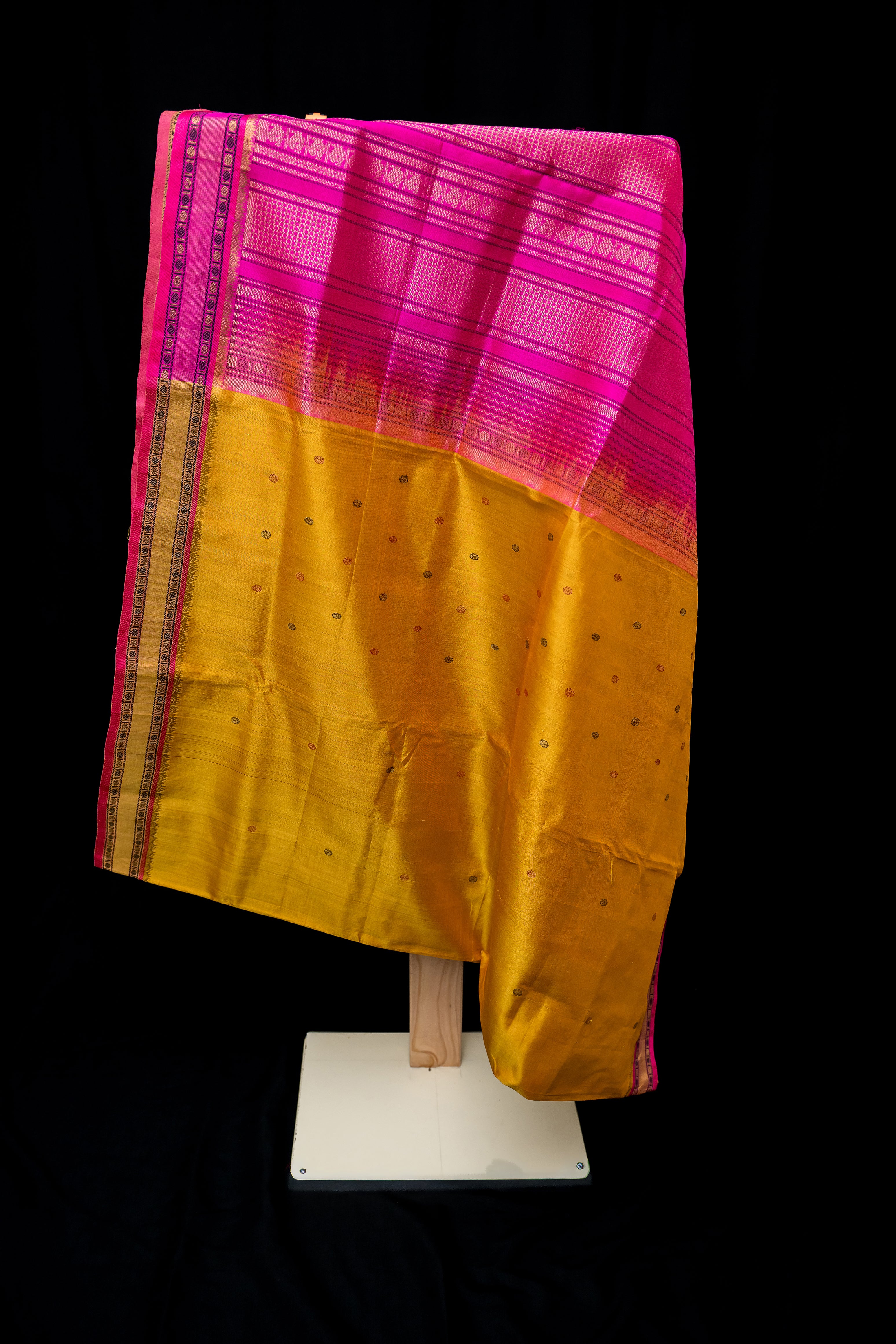 Radiant Mustard Gold & Rani Pink Silk Cotton Saree