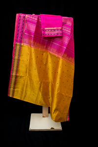 Radiant Mustard Gold & Rani Pink Silk Cotton Saree