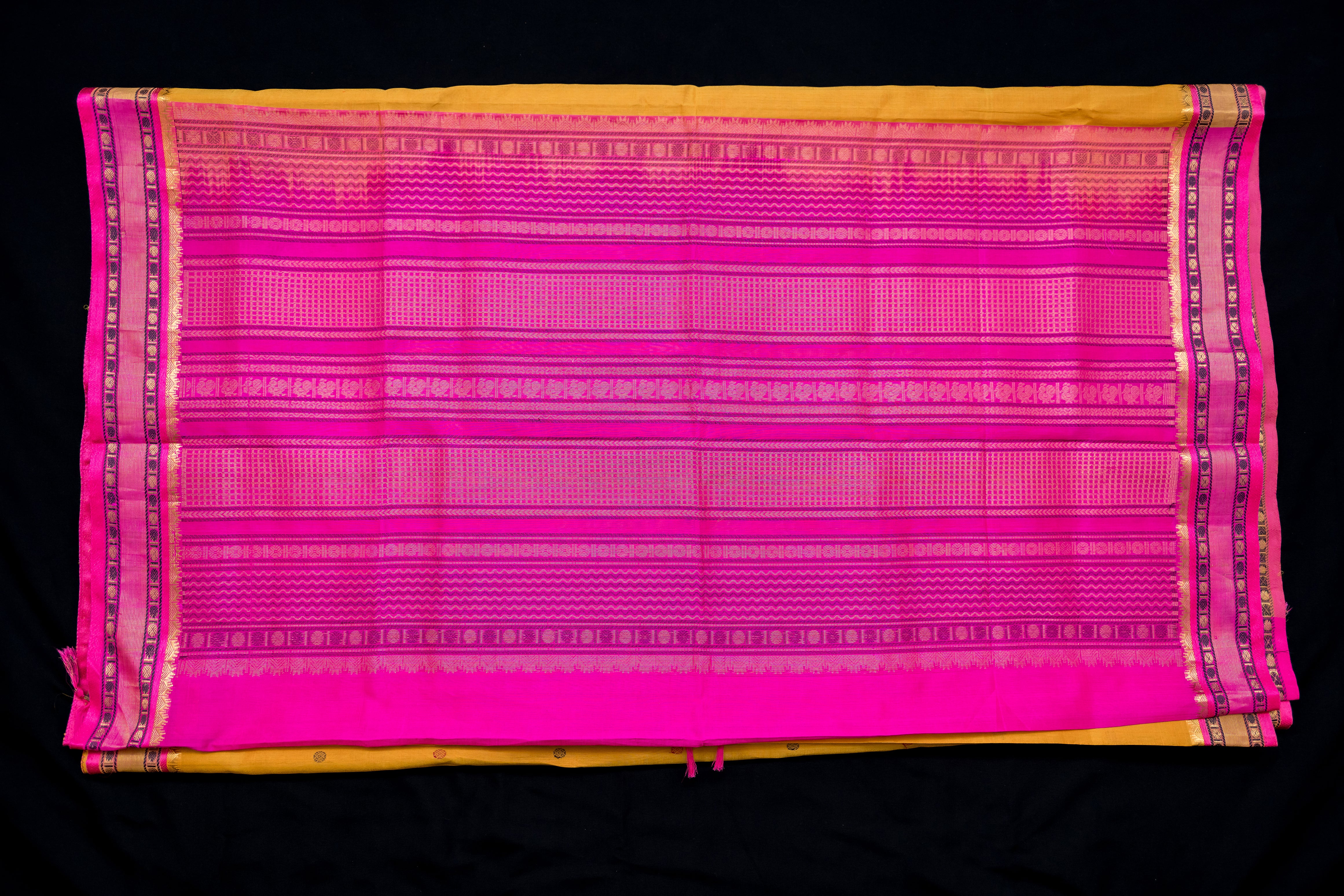 Radiant Mustard Gold & Rani Pink Silk Cotton Saree