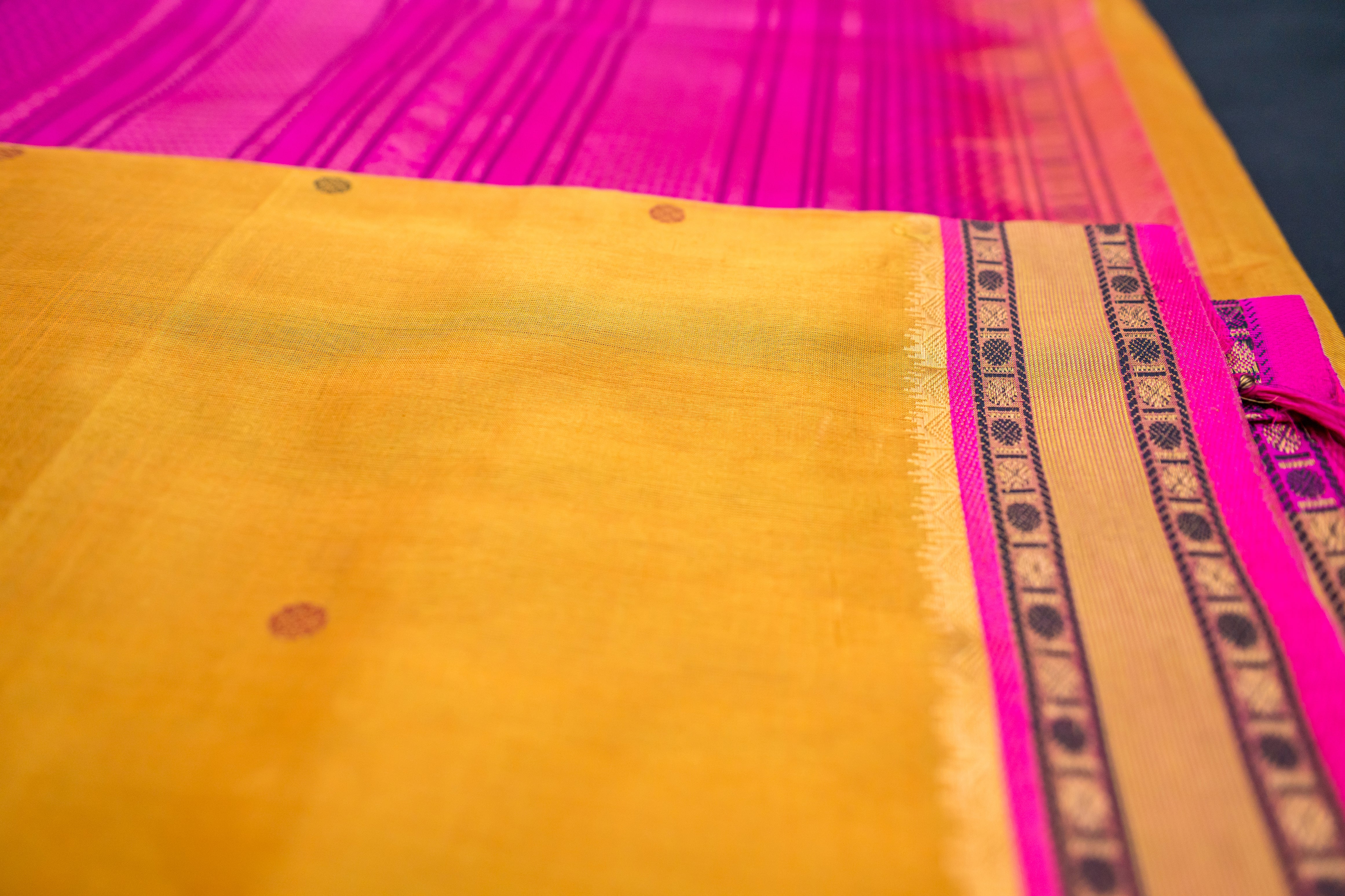 Radiant Mustard Gold & Rani Pink Silk Cotton Saree