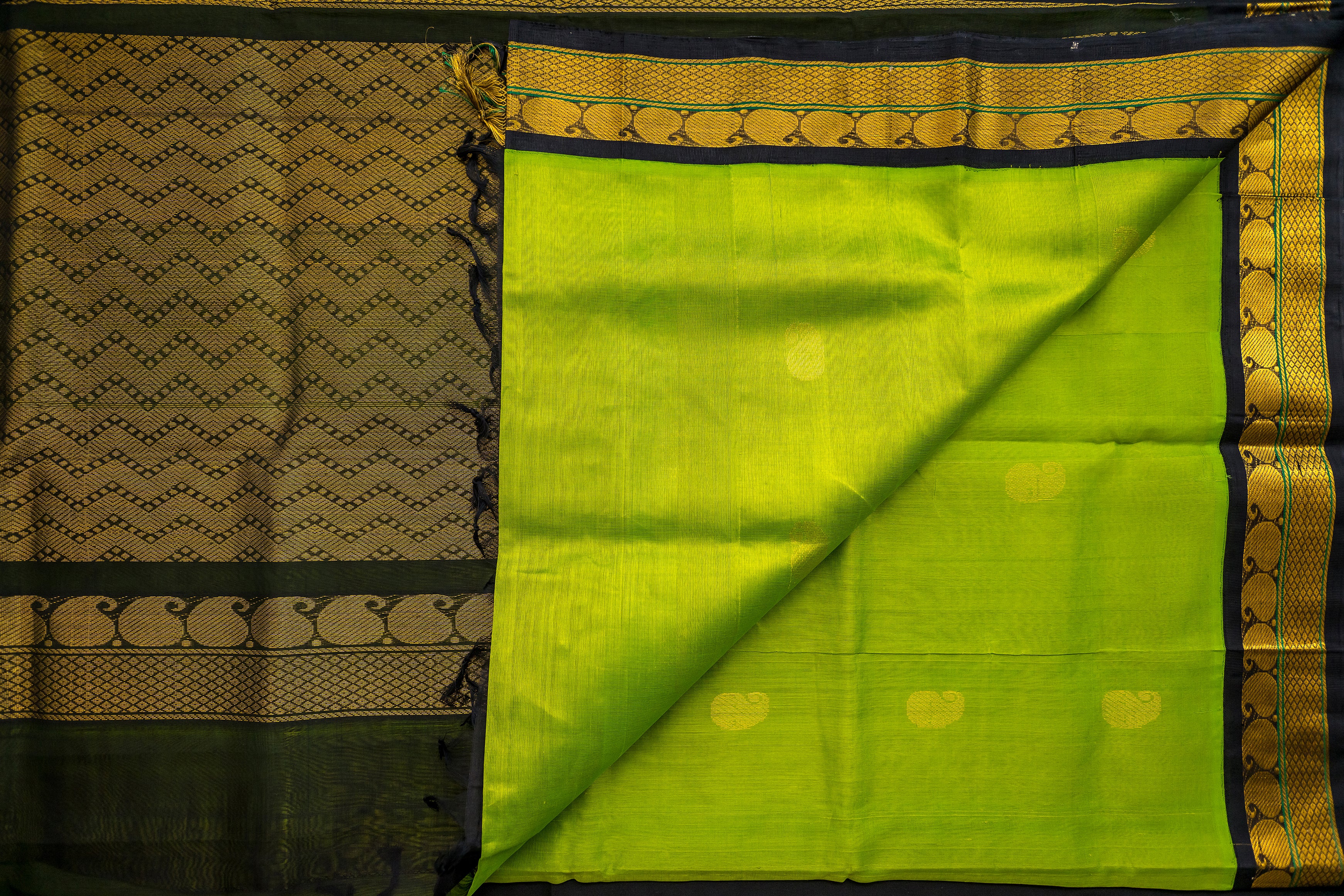 NOT - Electric Lime Silk Cotton Saree with Geometric Zari