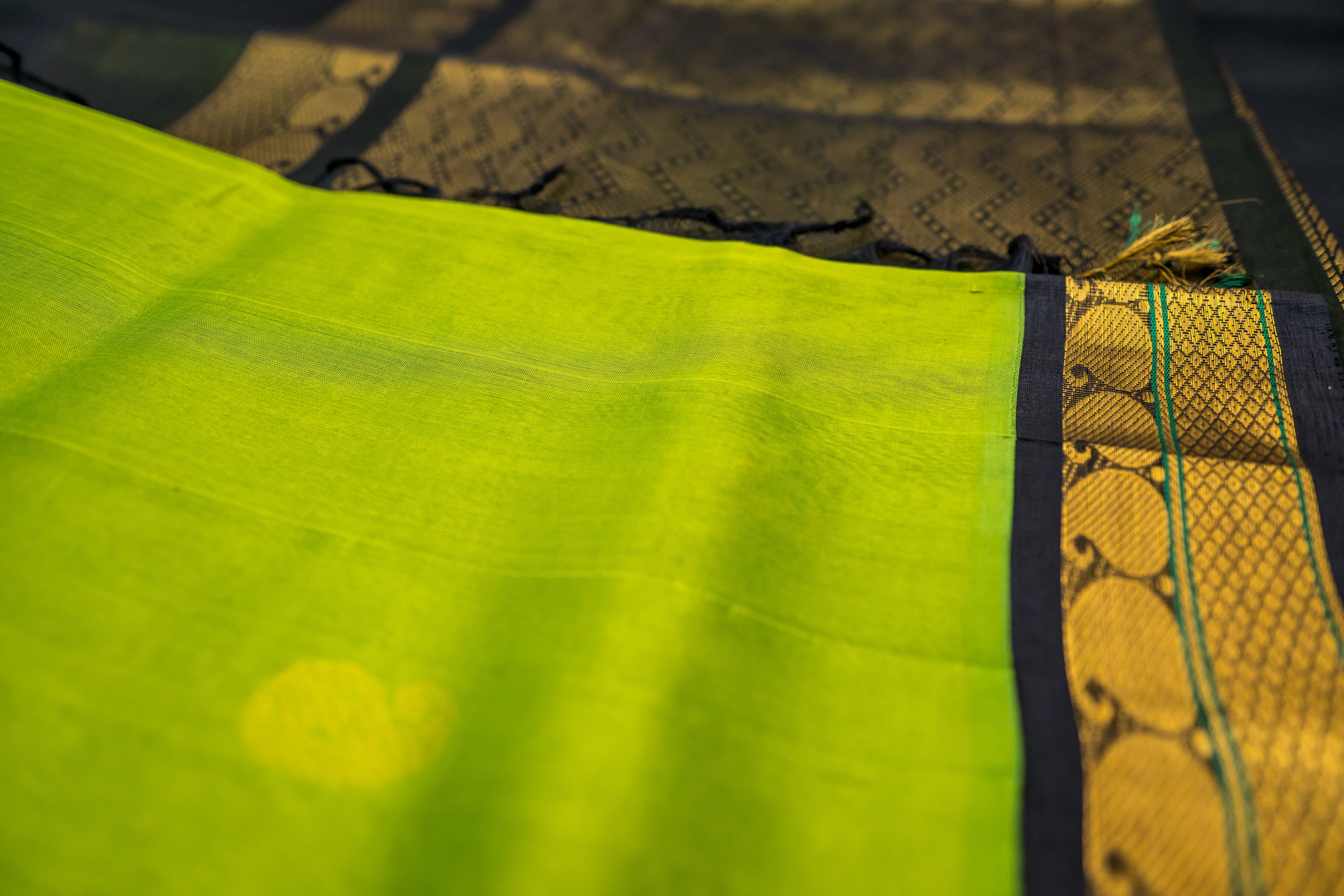 NOT - Electric Lime Silk Cotton Saree with Geometric Zari