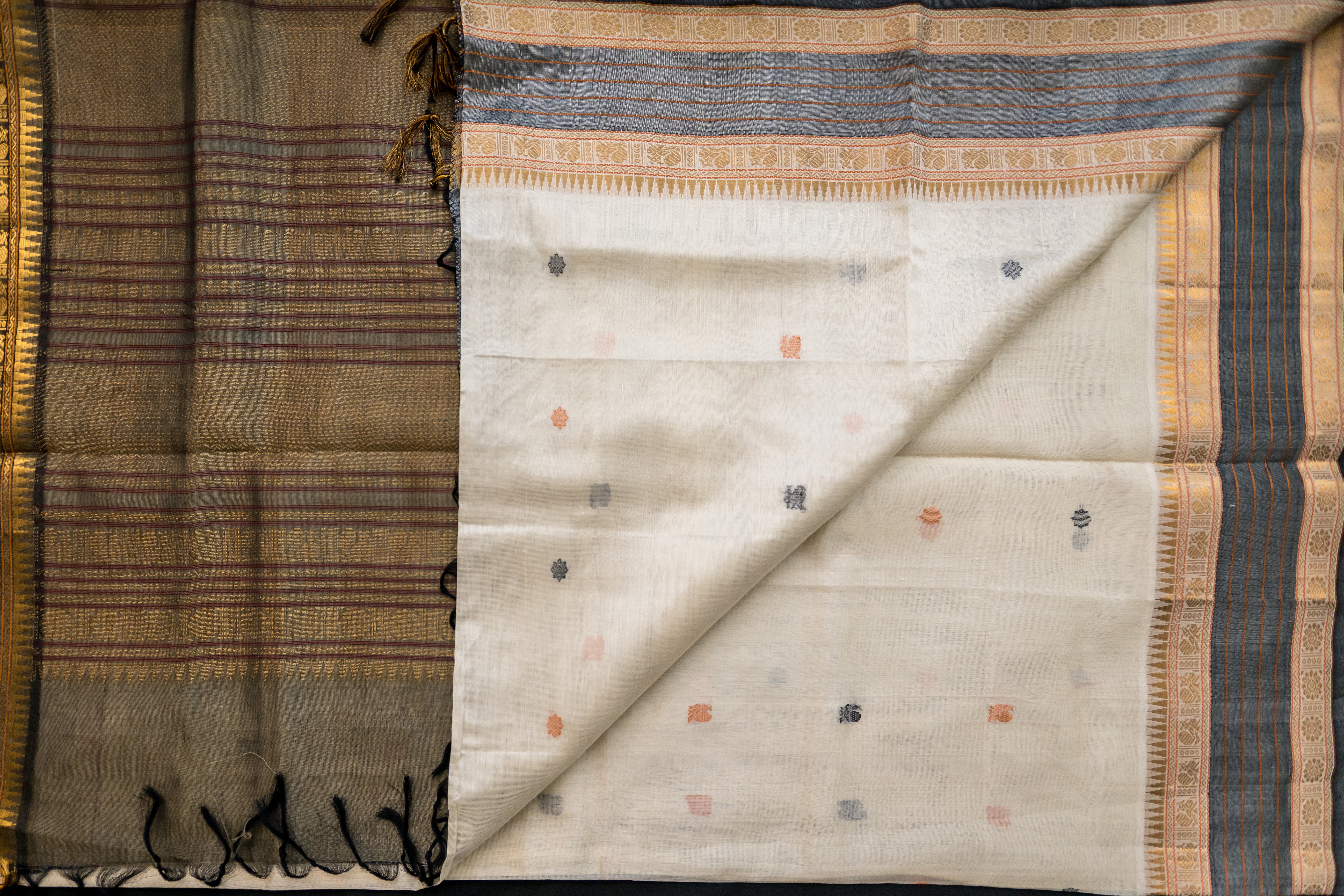 Elegant Off-White & Black Silk Cotton Saree
