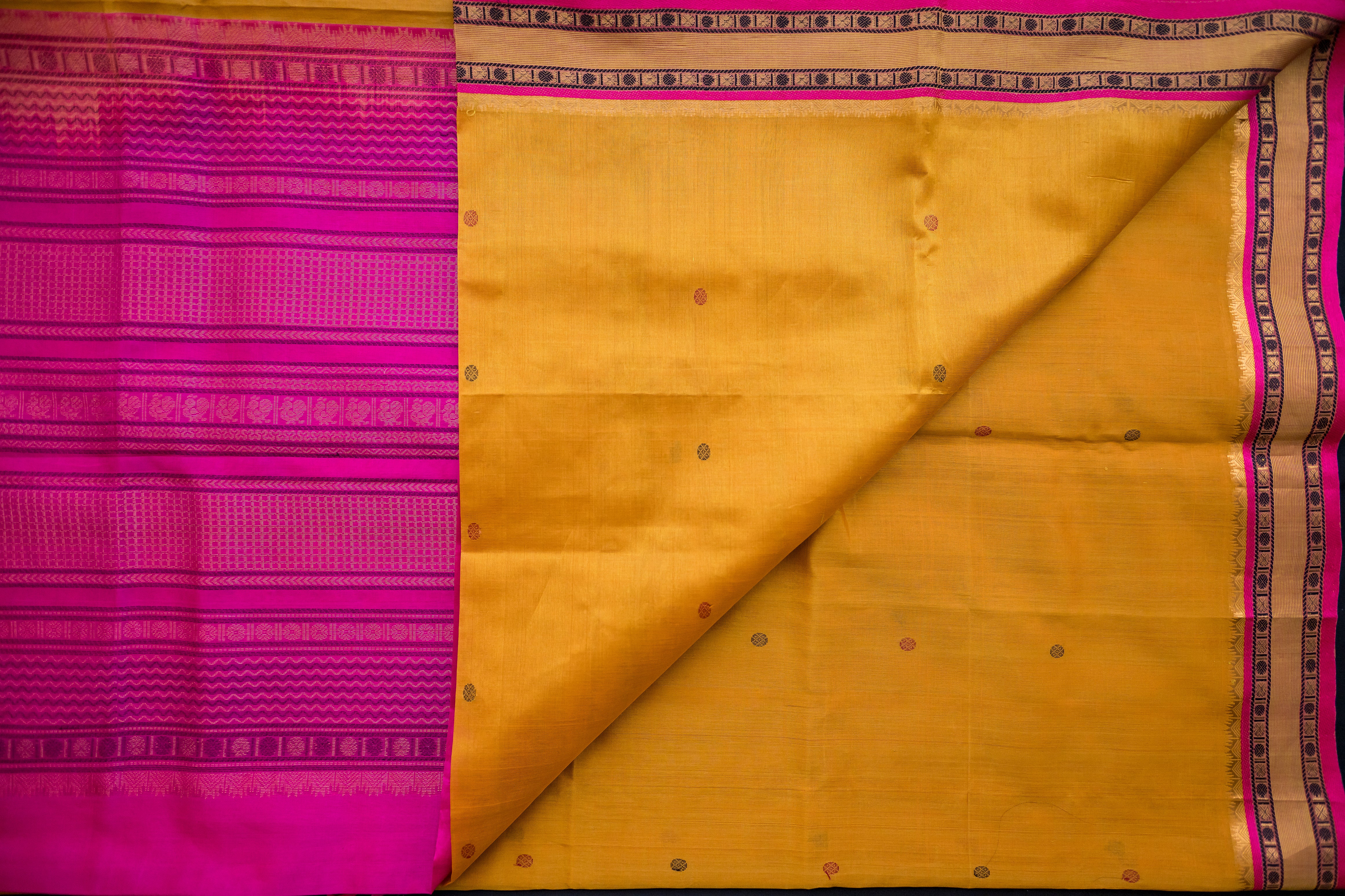 Radiant Mustard Gold & Rani Pink Silk Cotton Saree