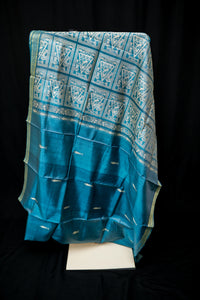 Teal Blue Tussar Silk Saree with Mythical Narrative Pallu