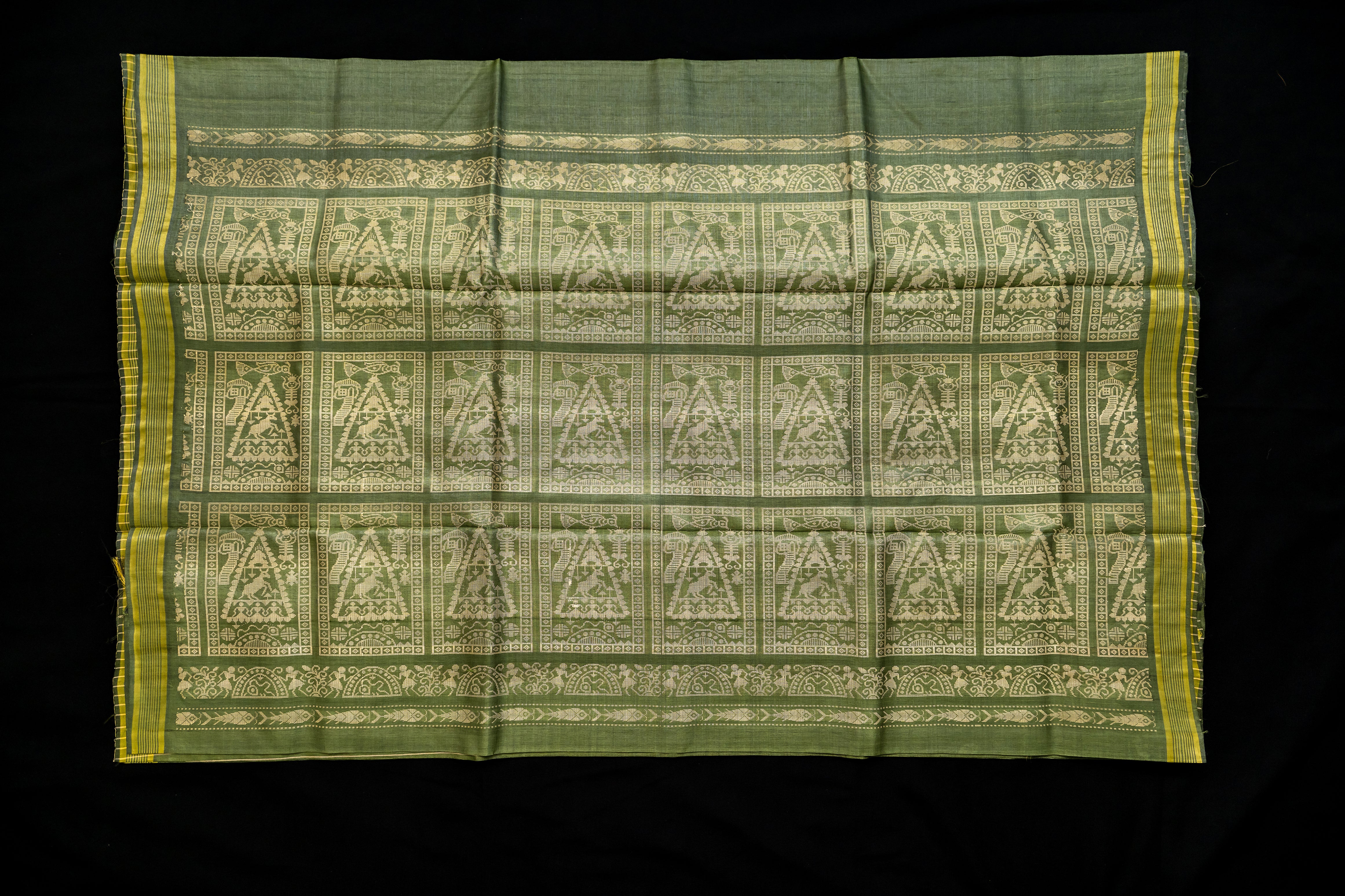 Olive Sage Tussar Silk Saree with Mythical Narrative Pallu