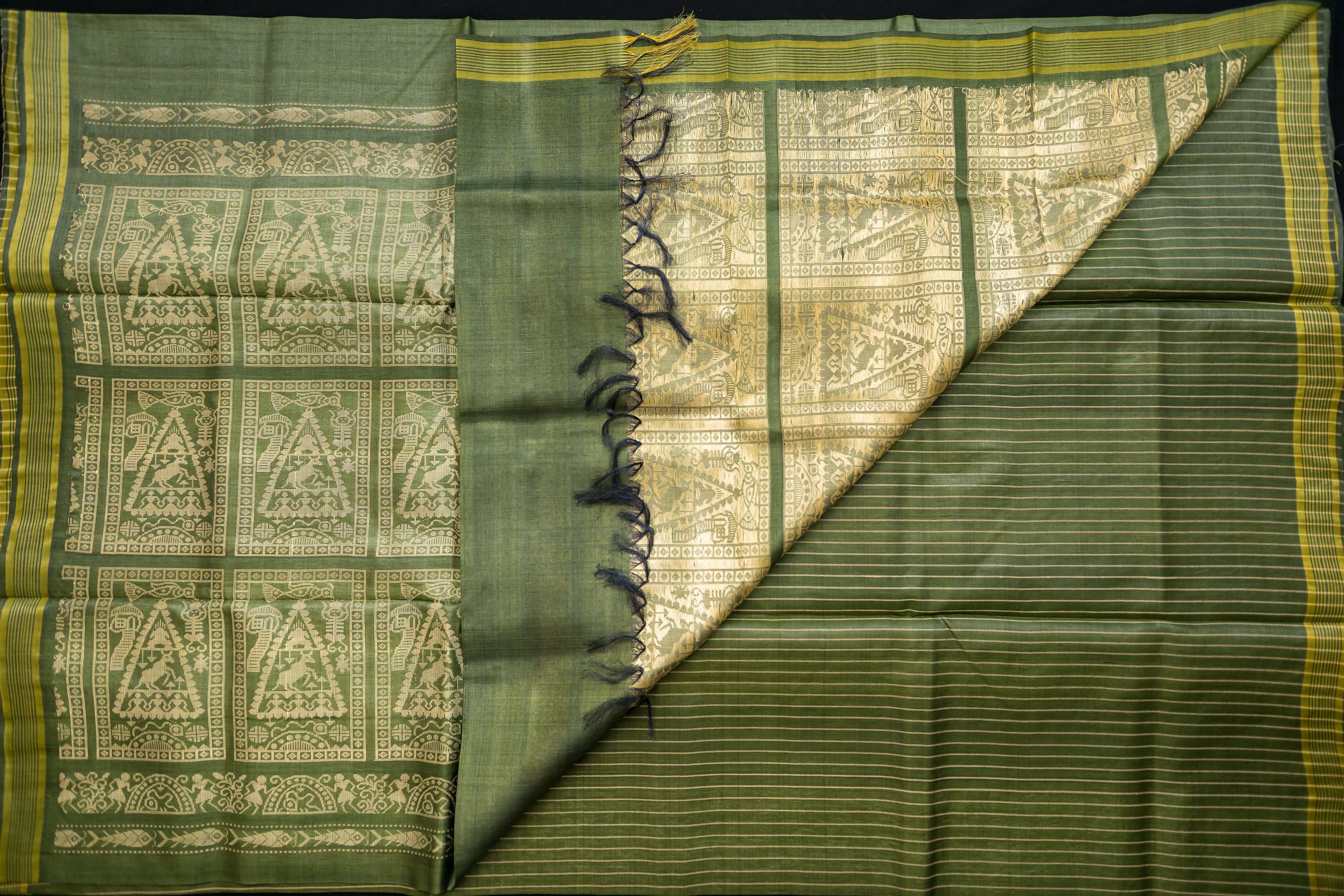 Olive Sage Tussar Silk Saree with Mythical Narrative Pallu