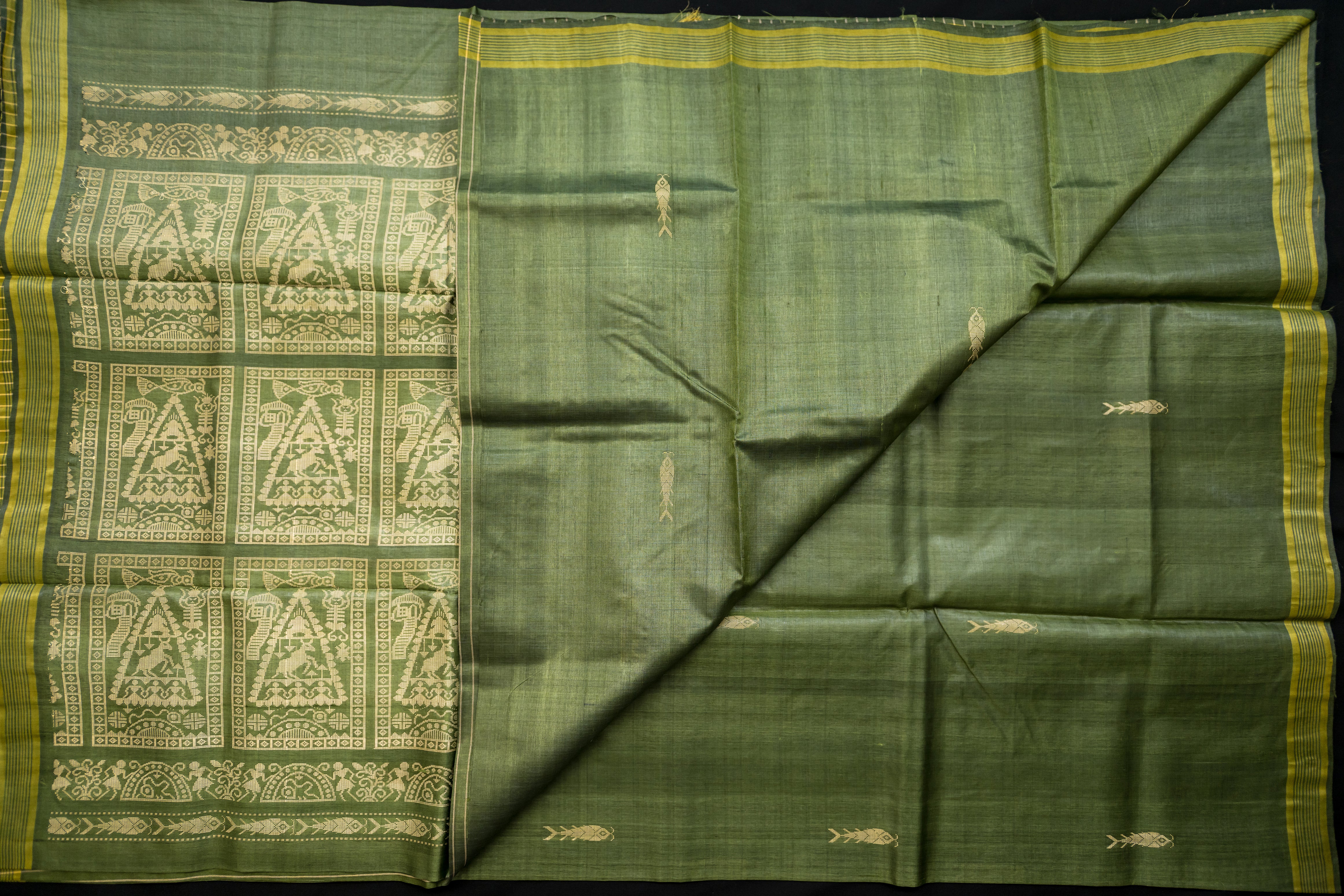 Olive Sage Tussar Silk Saree with Mythical Narrative Pallu