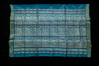 Teal Blue Tussar Silk Saree with Mythical Narrative Pallu