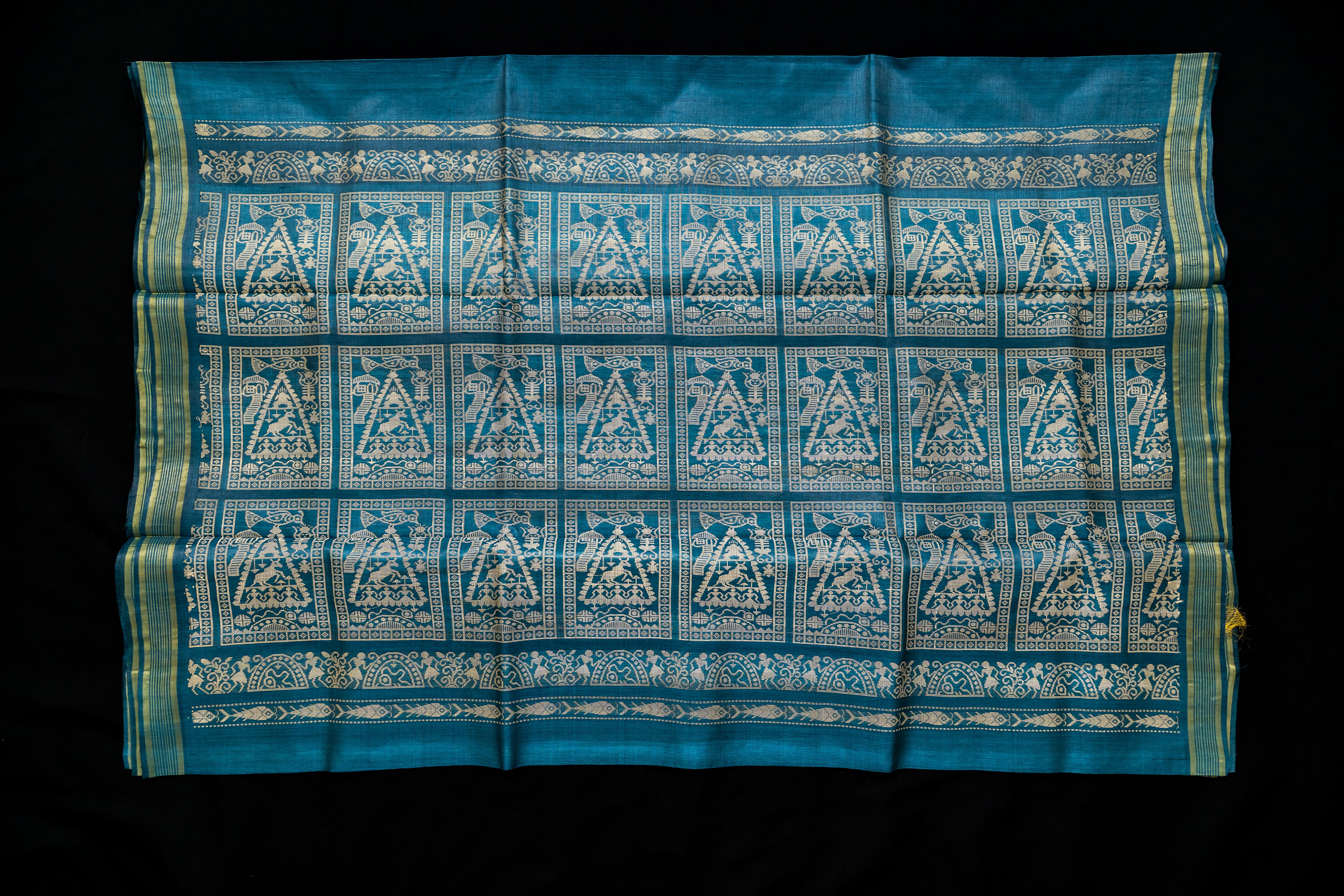 Teal Blue Tussar Silk Saree with Mythical Narrative Pallu