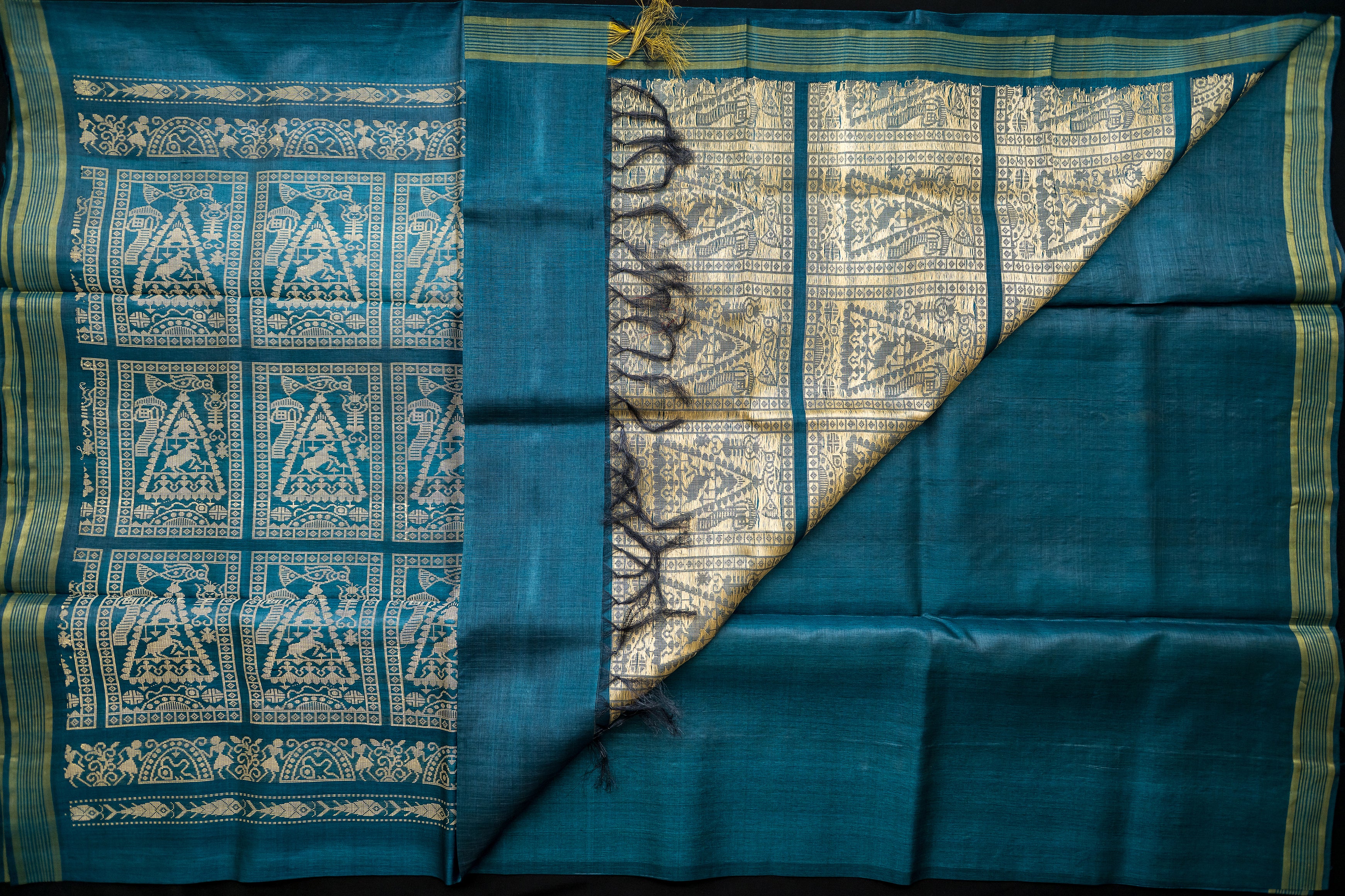Teal Blue Tussar Silk Saree with Mythical Narrative Pallu