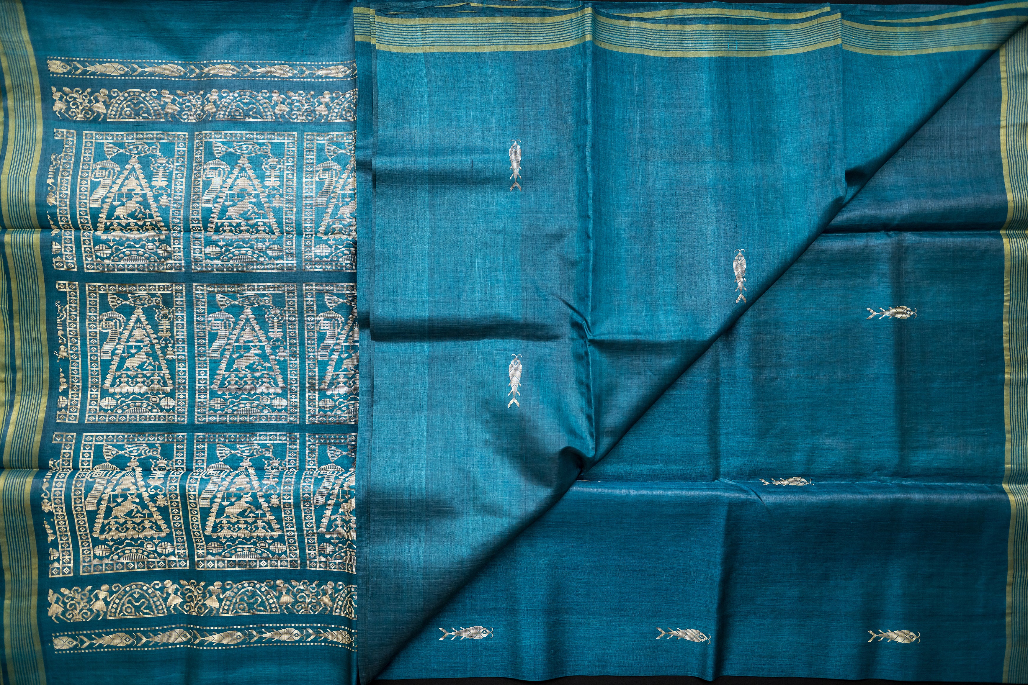 Teal Blue Tussar Silk Saree with Mythical Narrative Pallu