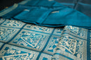 Teal Blue Tussar Silk Saree with Mythical Narrative Pallu