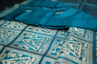 Teal Blue Tussar Silk Saree with Mythical Narrative Pallu