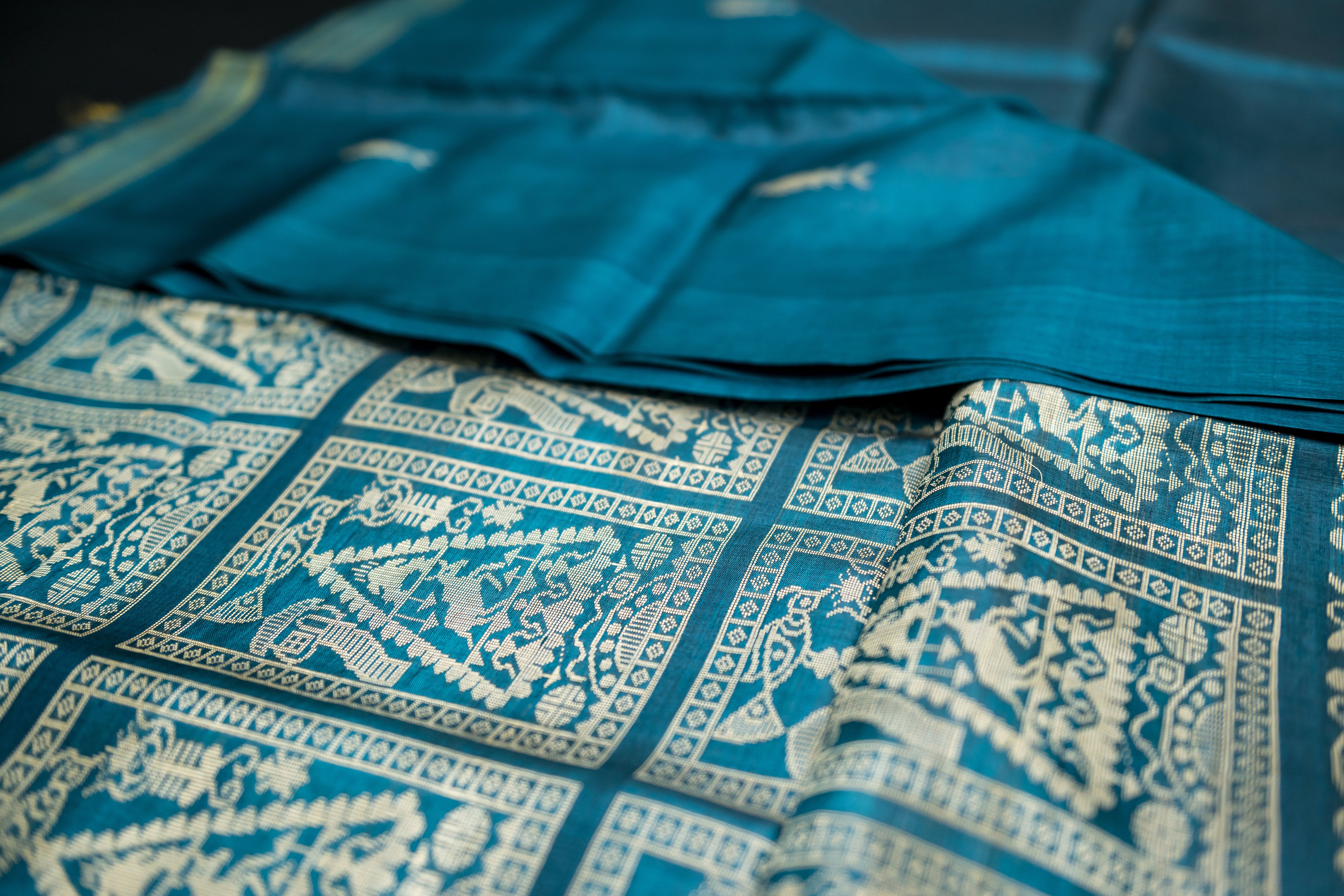 Teal Blue Tussar Silk Saree with Mythical Narrative Pallu