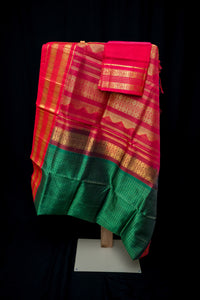 Bottle Green and Crimson Red Silk Cotton Saree