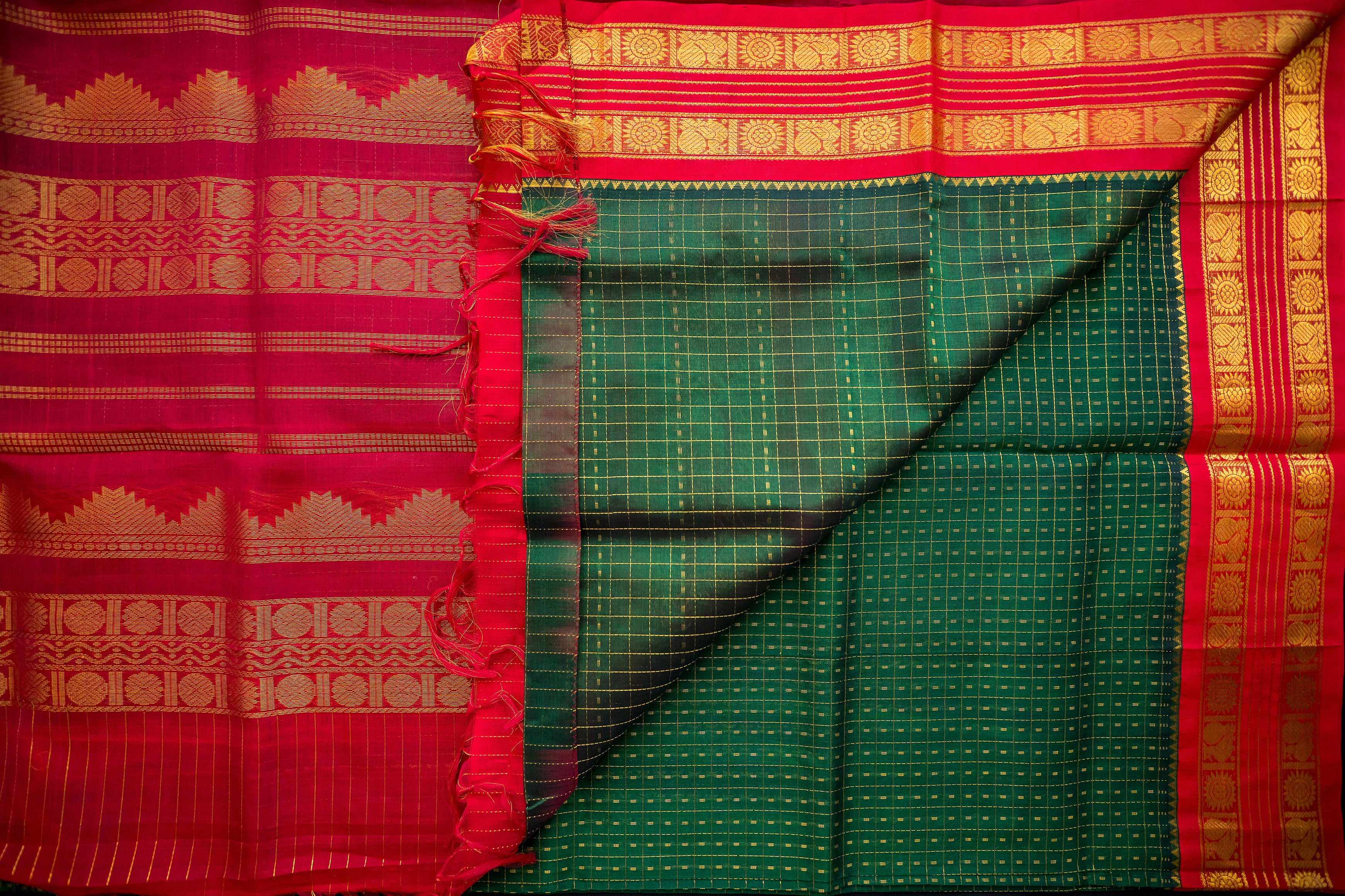 Bottle Green and Crimson Red Silk Cotton Saree