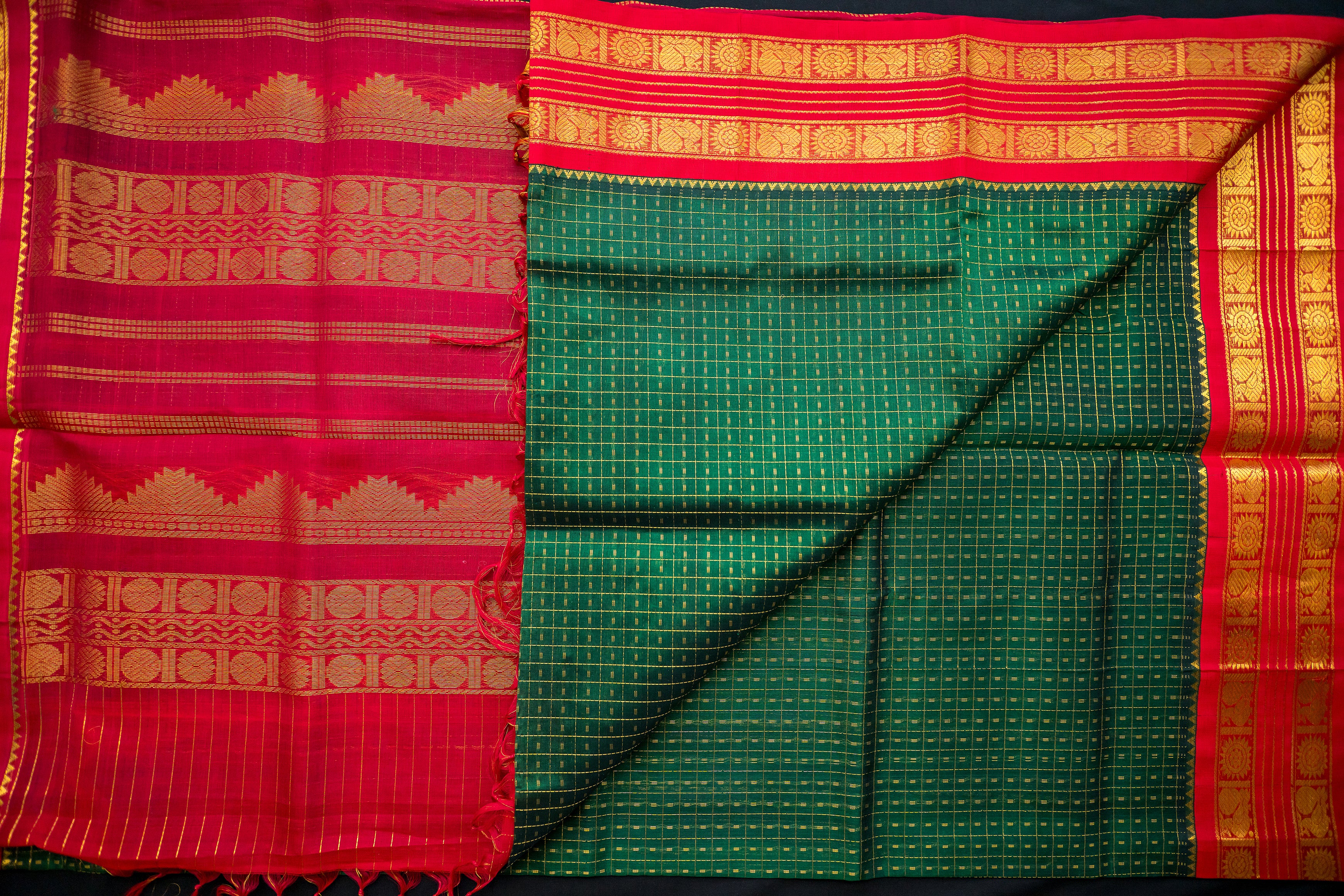 Bottle Green and Crimson Red Silk Cotton Saree
