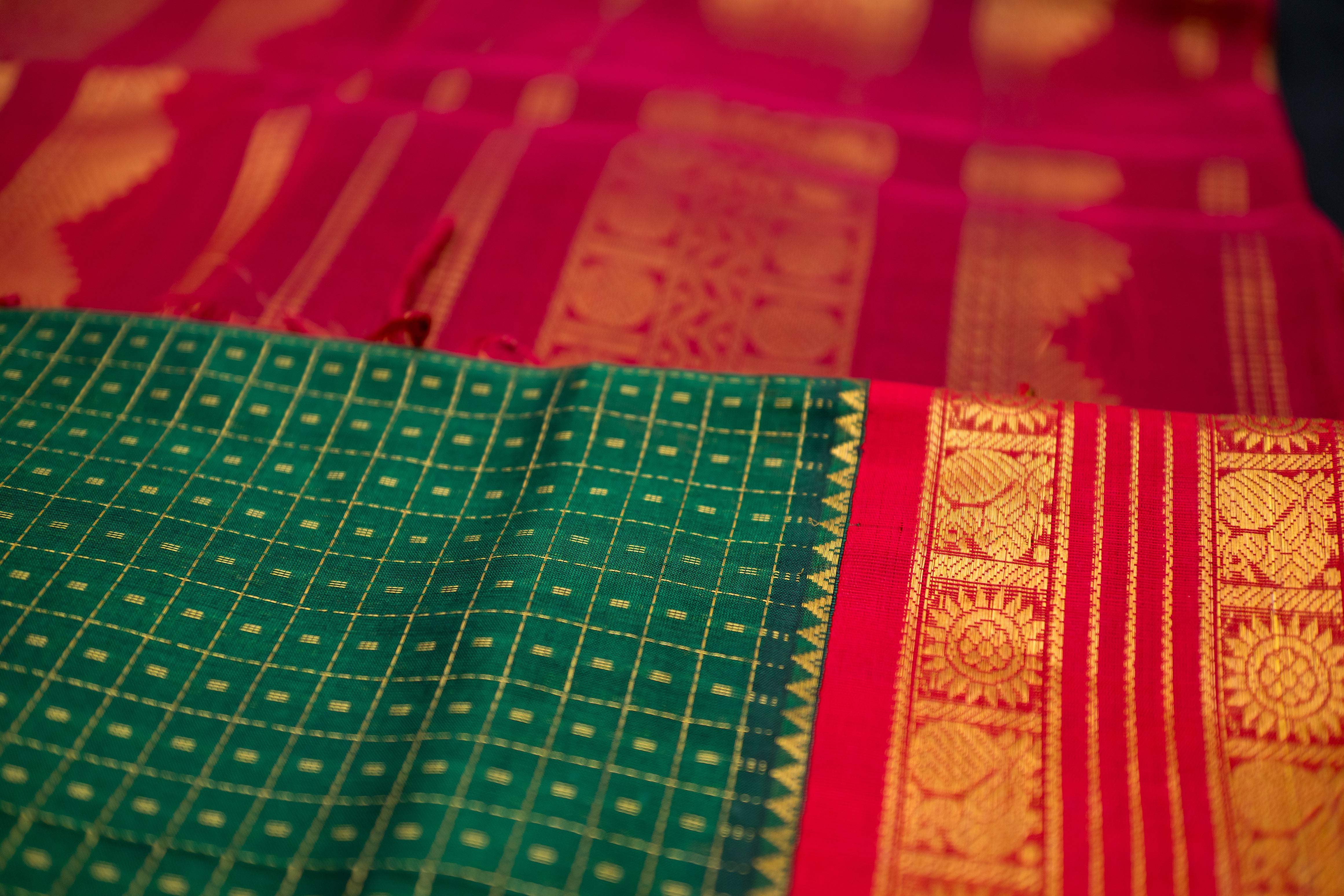 Bottle Green and Crimson Red Silk Cotton Saree