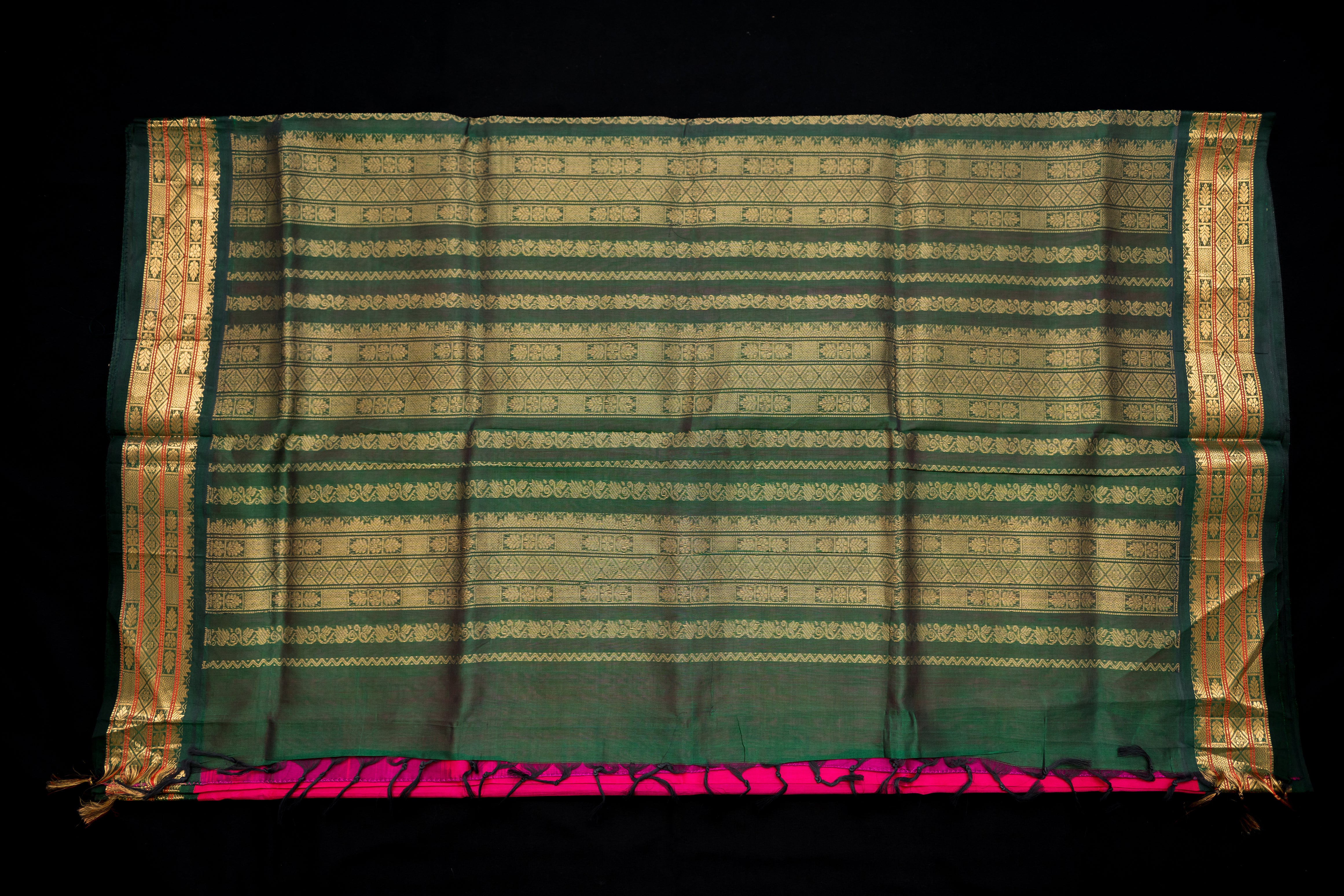 Electric Pink and Bottle Green Silk Cotton Saree