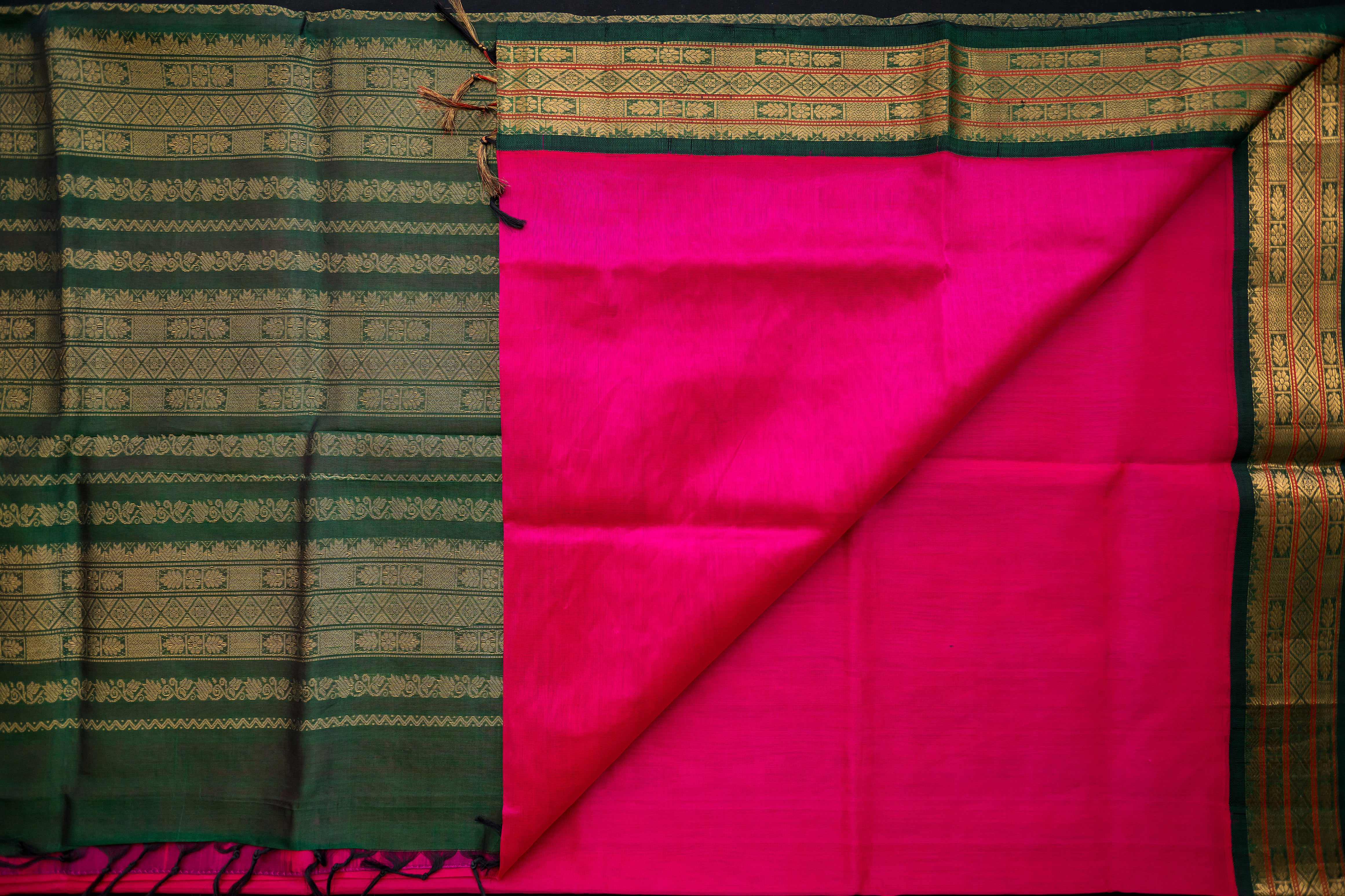 Electric Pink and Bottle Green Silk Cotton Saree