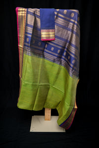 Radiant Lime Green, Mustard, and Royal Blue Silk Cotton Saree