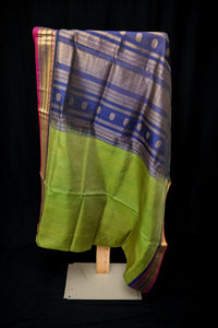 Radiant Lime Green, Mustard, and Royal Blue Silk Cotton Saree