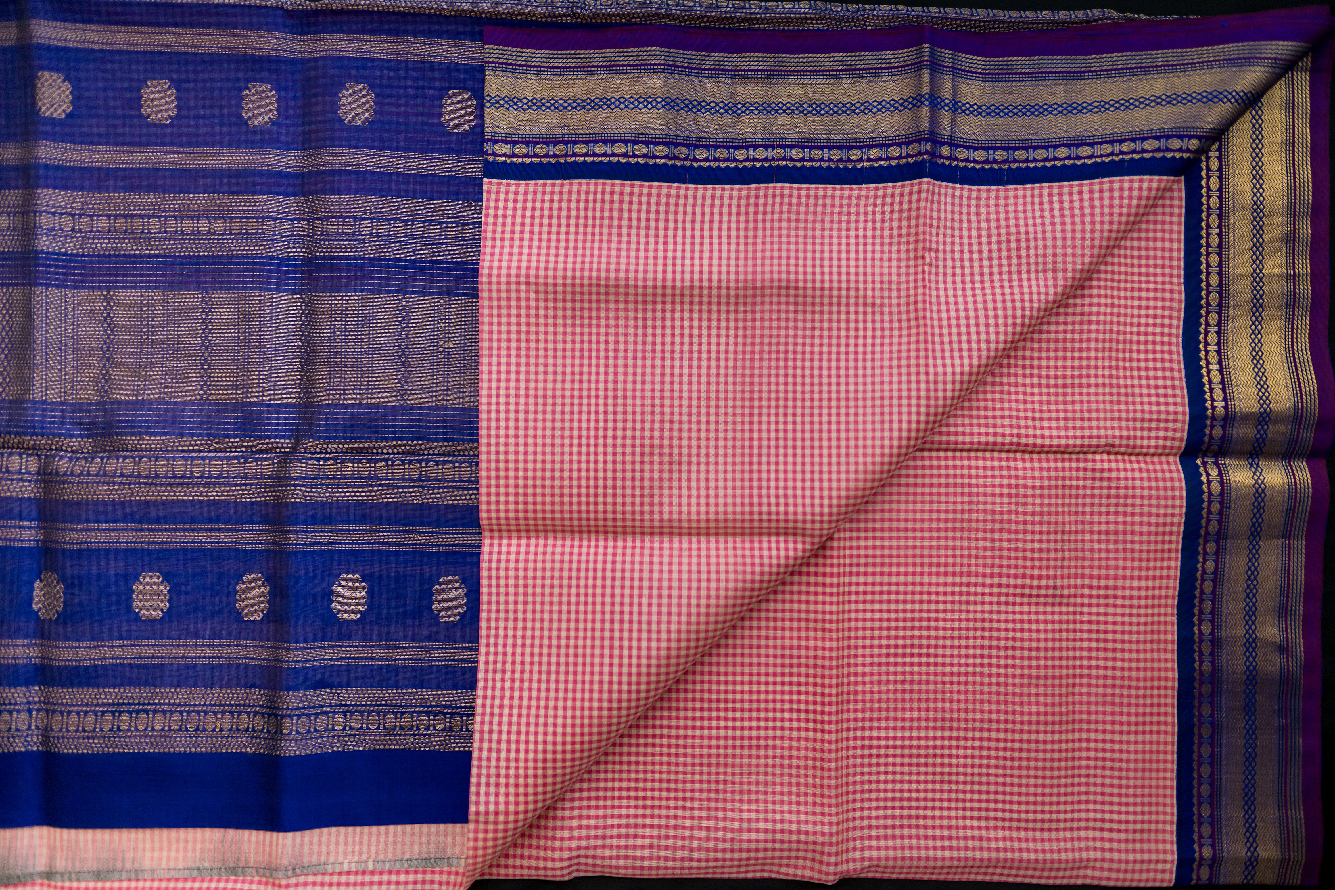 Royal Blue and Blush Pink Kattam Silk Cotton Saree