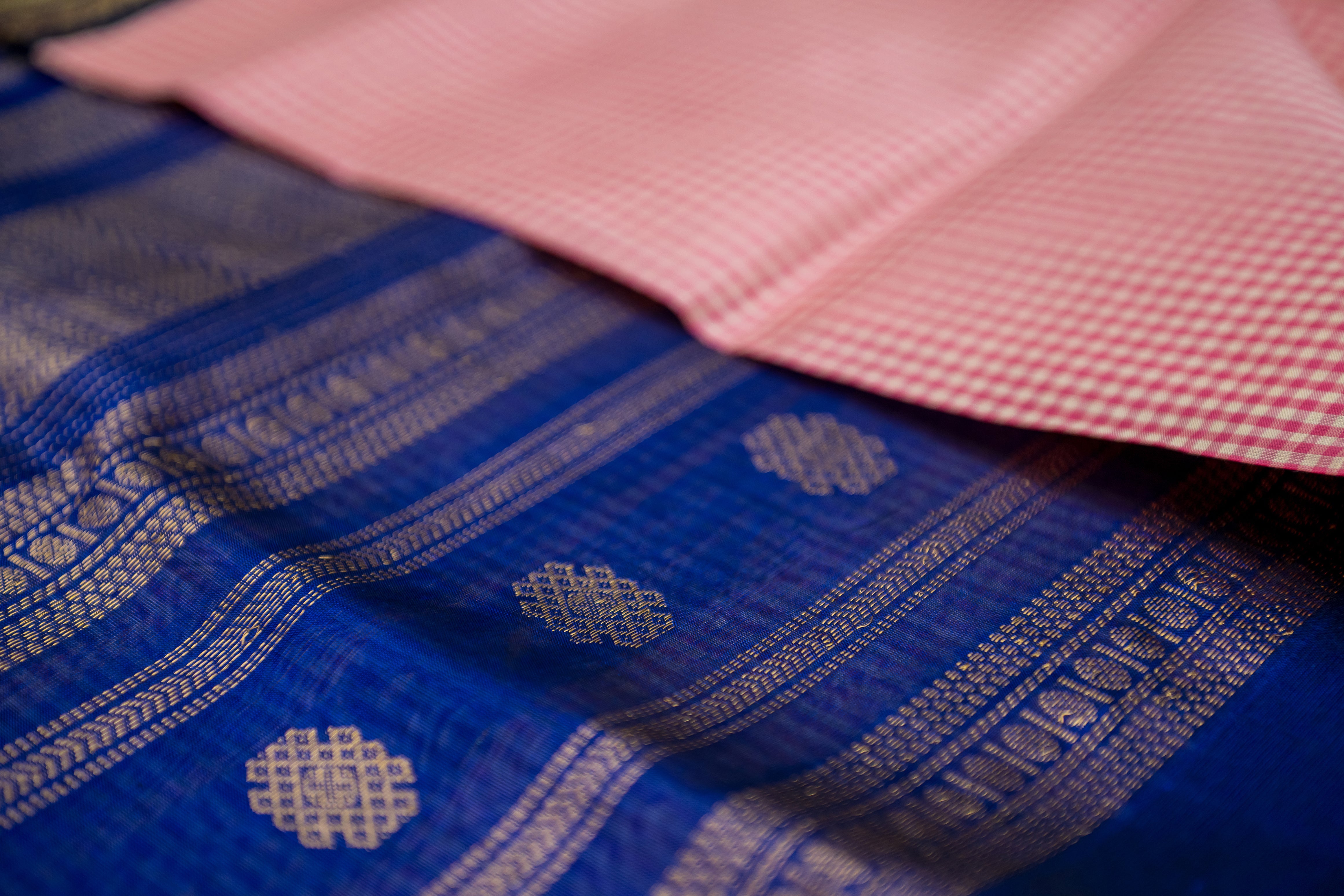 Royal Blue and Blush Pink Kattam Silk Cotton Saree