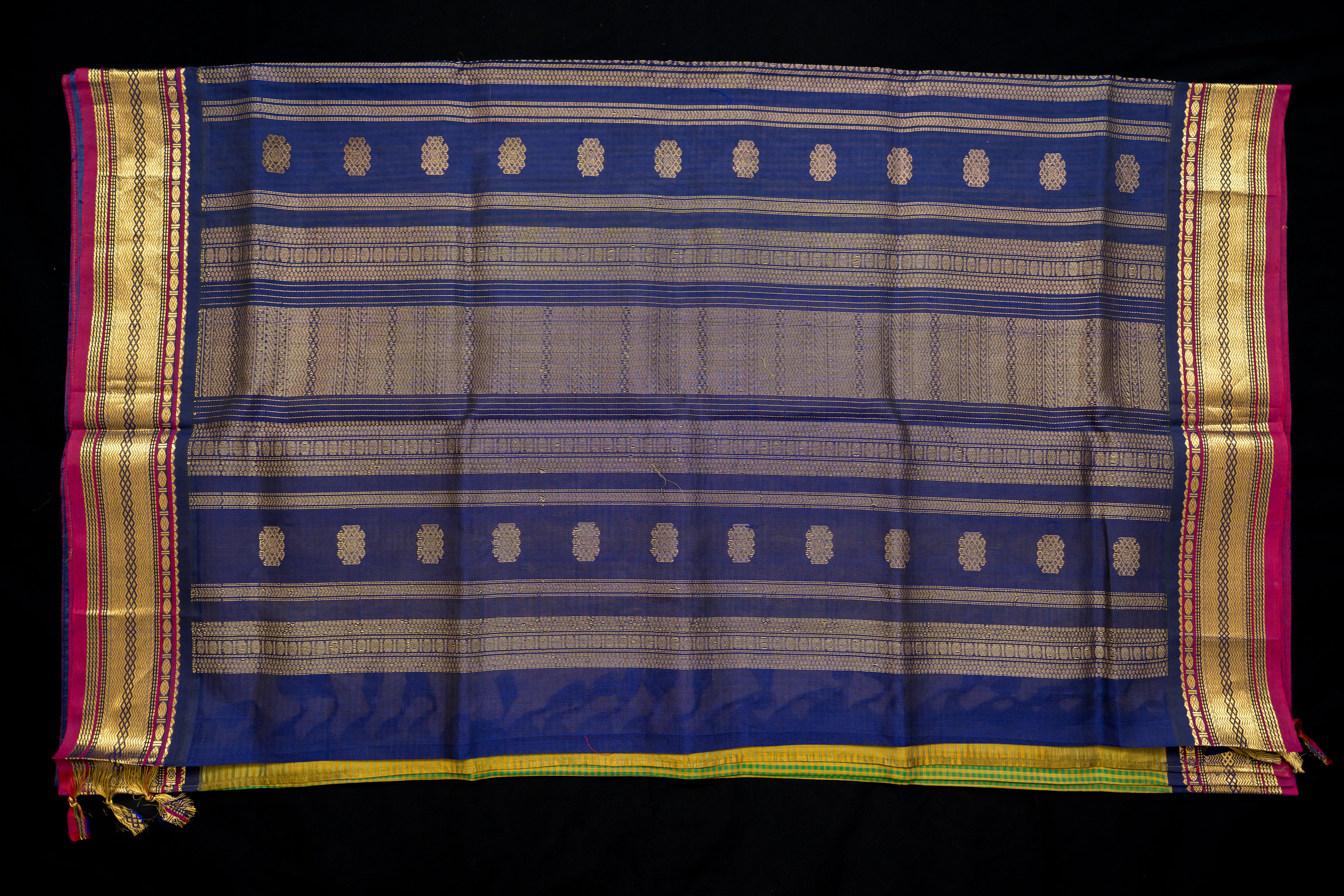 Radiant Lime Green, Mustard, and Royal Blue Silk Cotton Saree