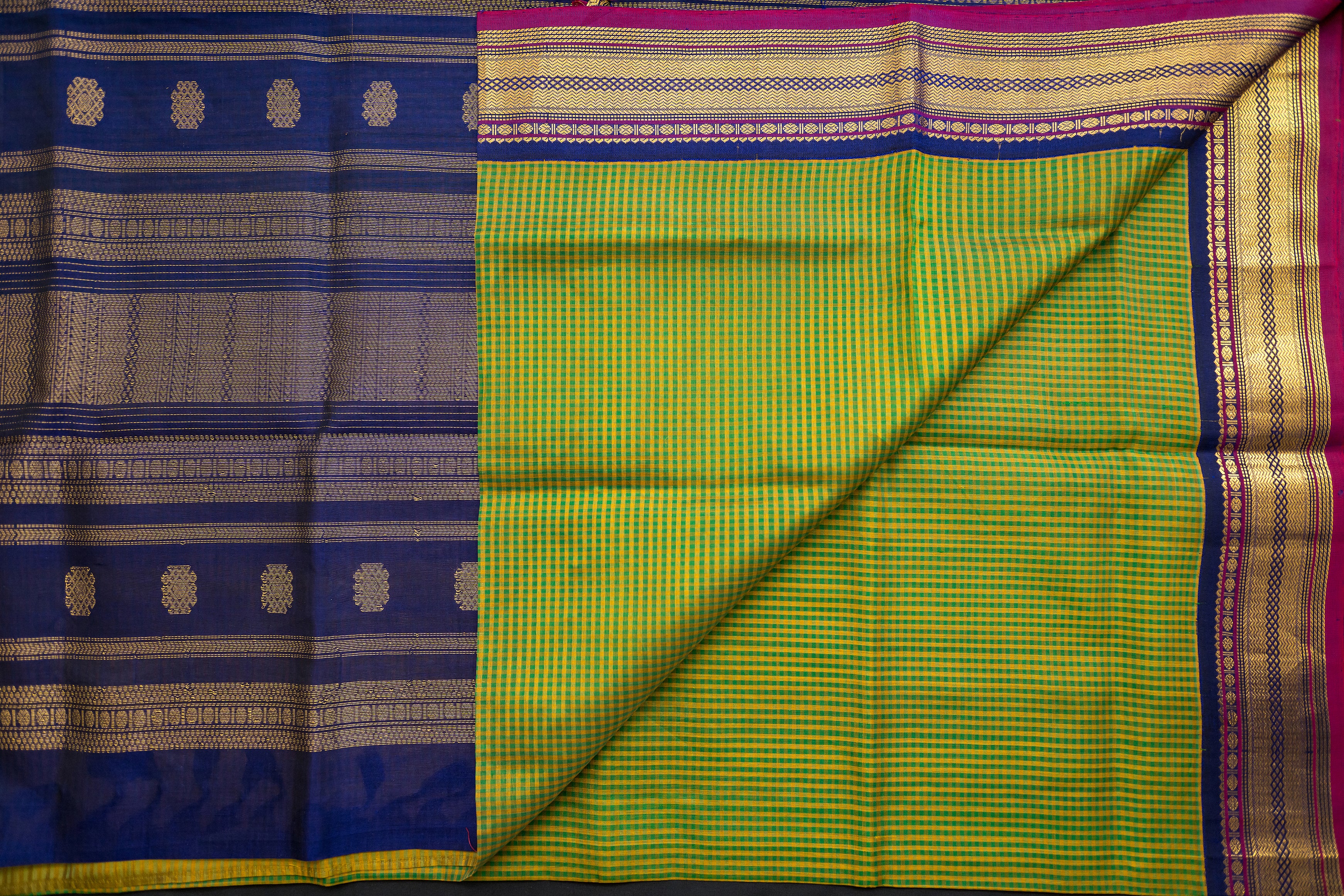 Radiant Lime Green, Mustard, and Royal Blue Silk Cotton Saree