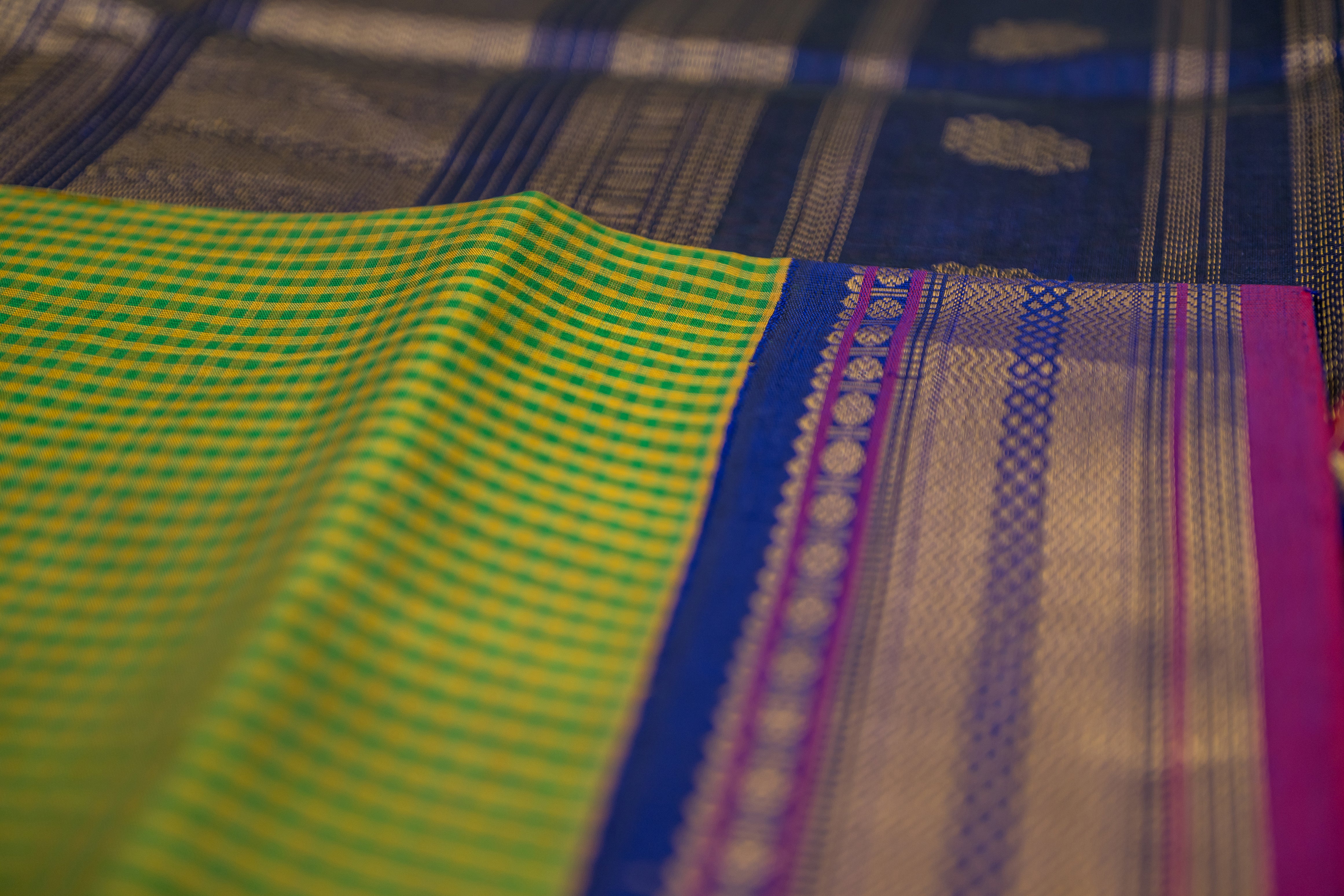 Radiant Lime Green, Mustard, and Royal Blue Silk Cotton Saree