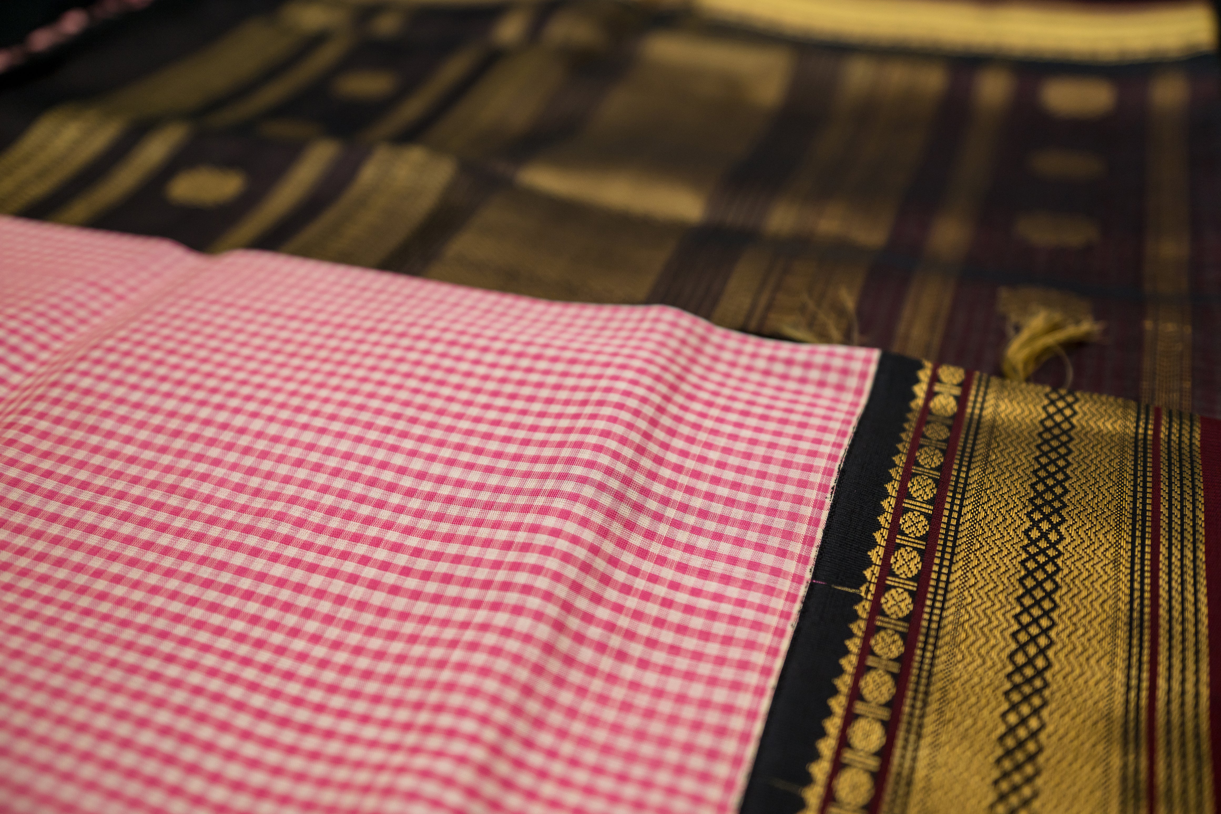 Black and Blush Pink Kattam Silk Cotton Saree