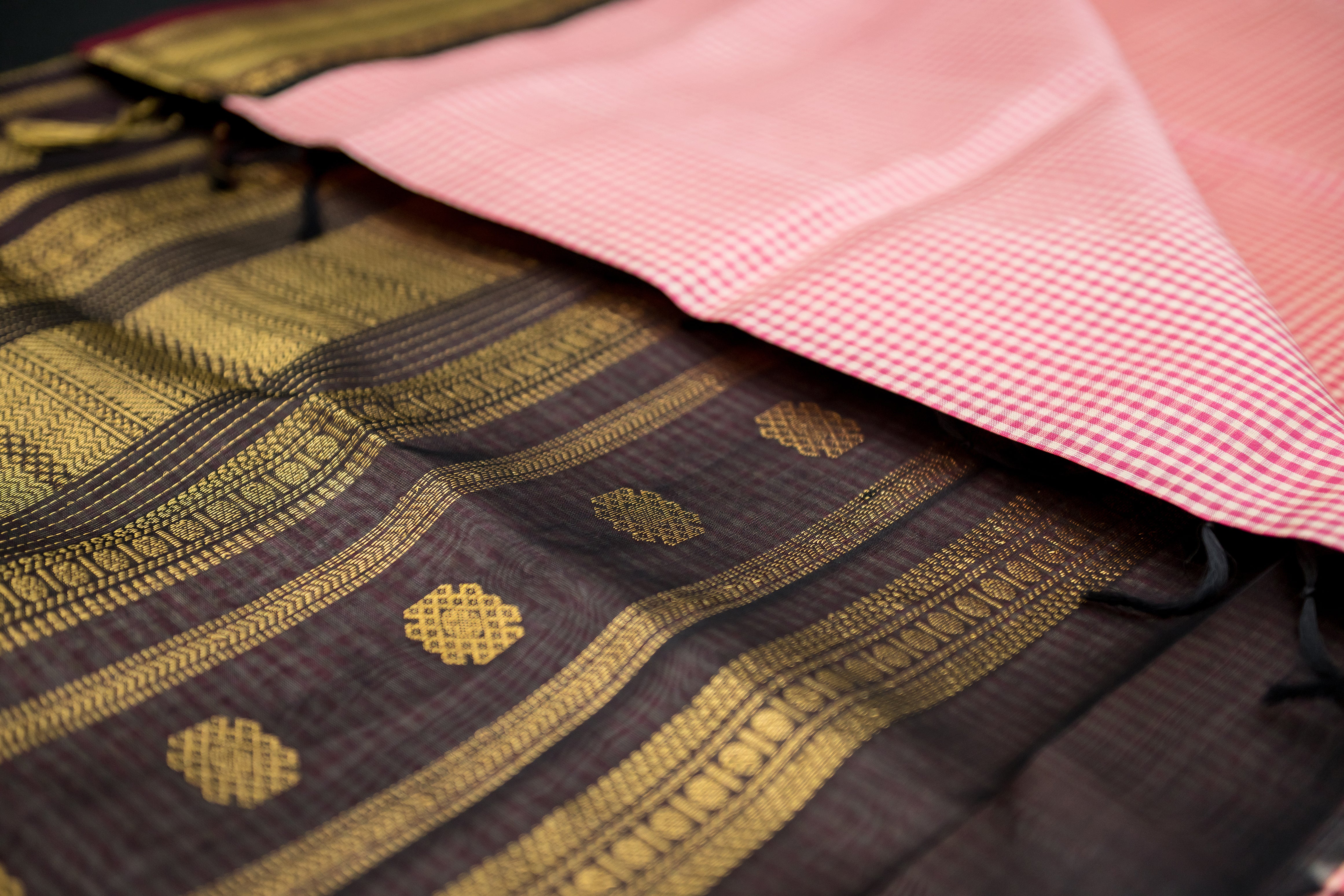 Black and Blush Pink Kattam Silk Cotton Saree