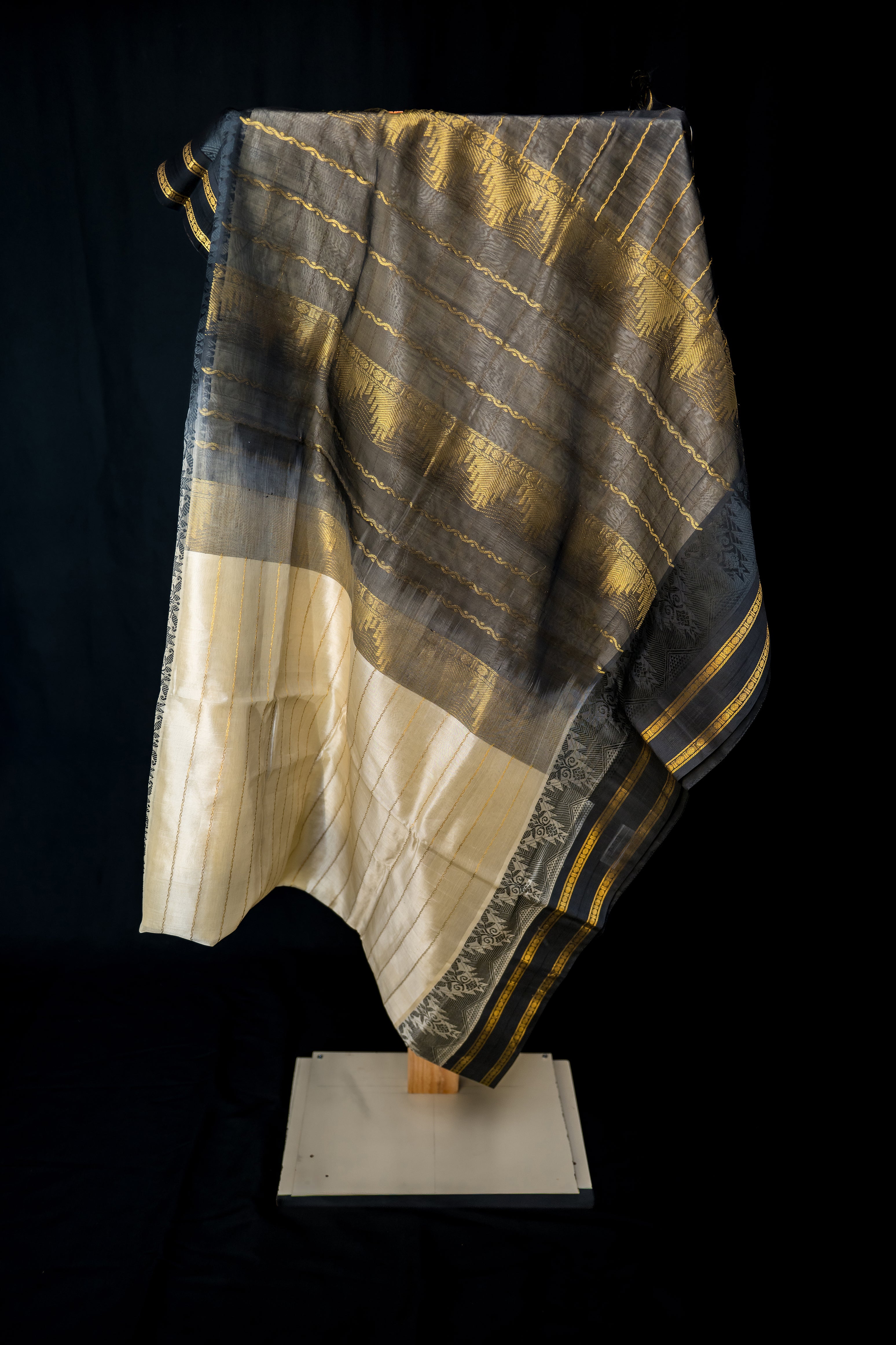 Cream and Obsidian Charcoal Silk Cotton Saree