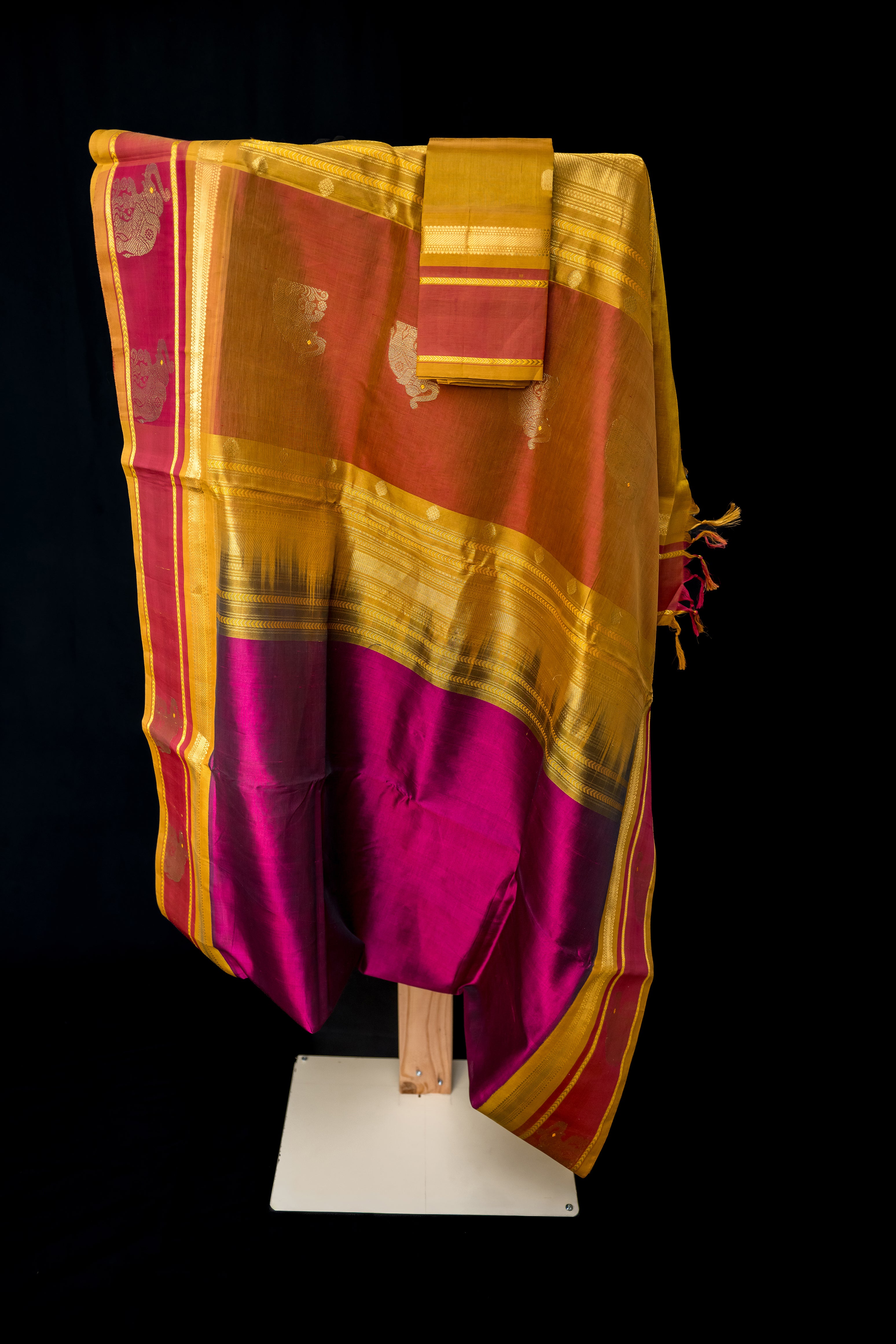 Brick, Mustard, and Wine Silk Cotton Saree