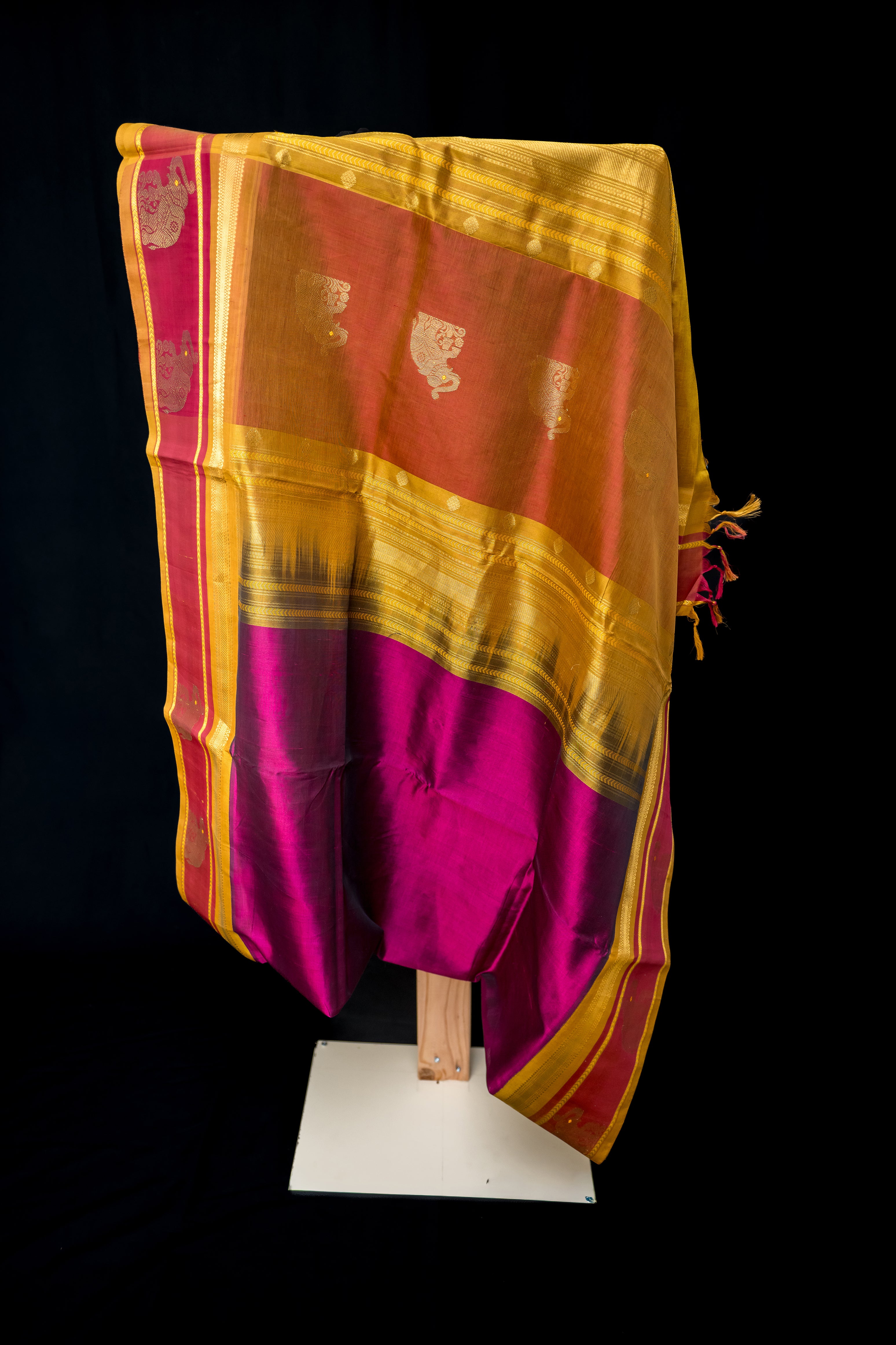 Brick, Mustard, and Wine Silk Cotton Saree