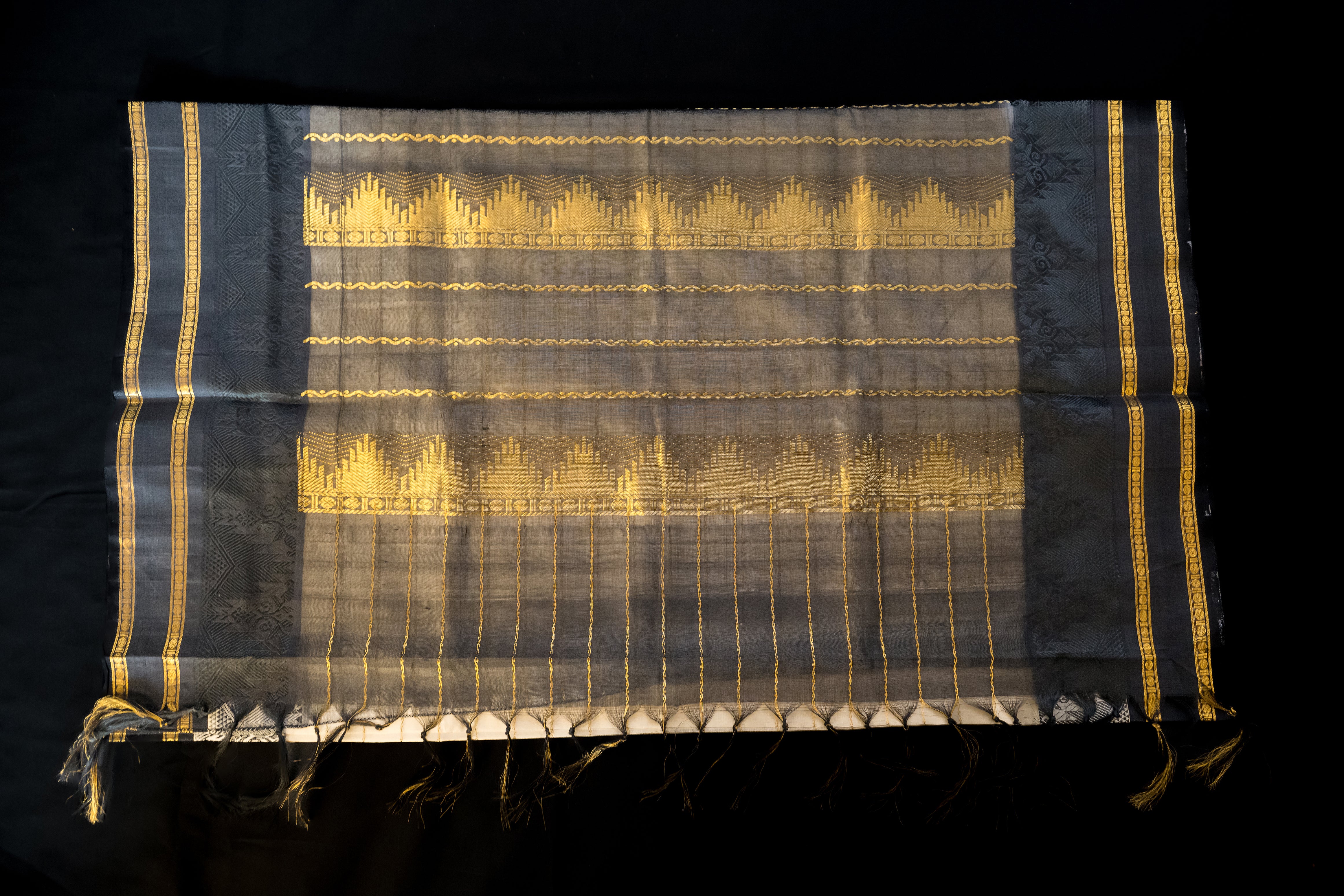 Cream and Obsidian Charcoal Silk Cotton Saree